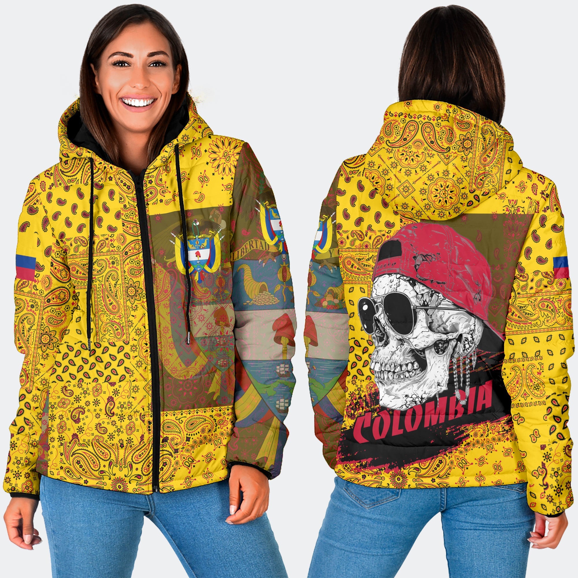 Colombia Women Hooded Padded Jacket Paisley Flag And Skull Style 3