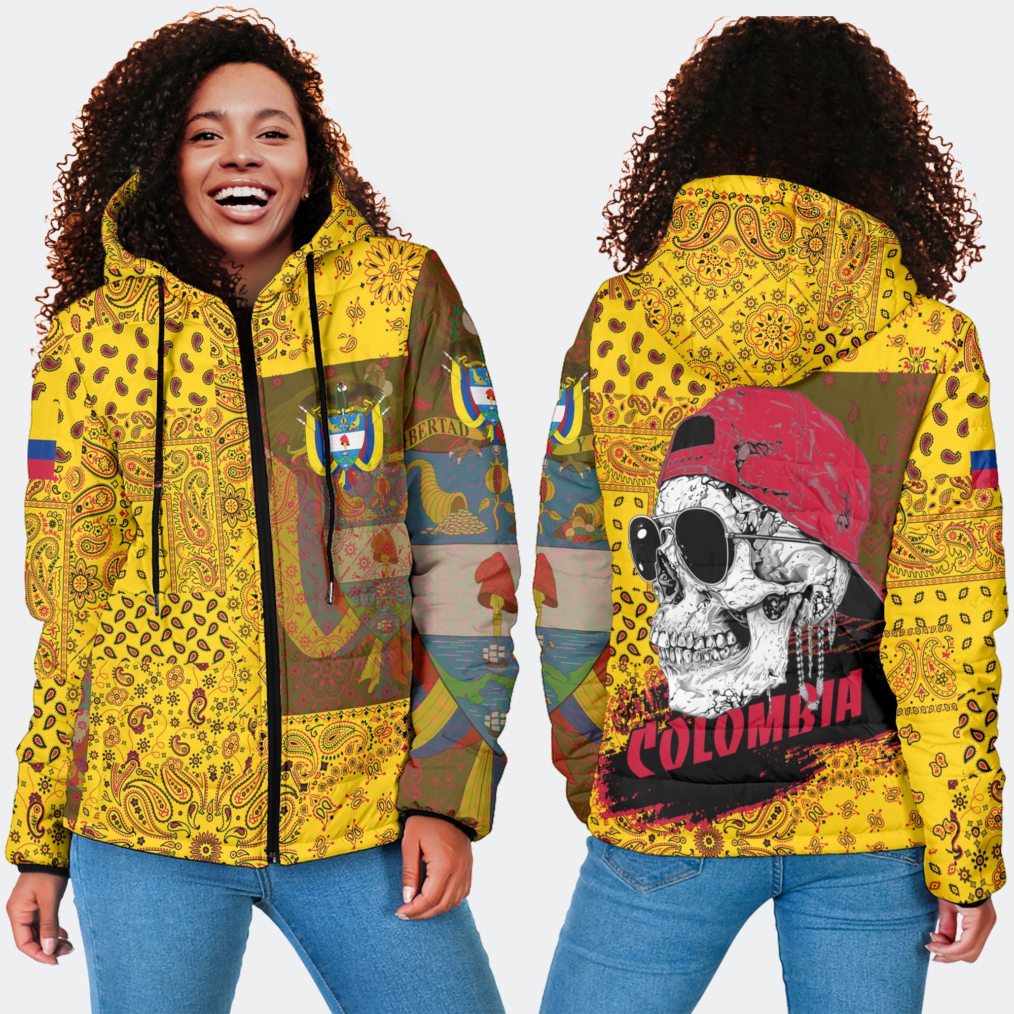 Colombia Women Hooded Padded Jacket Paisley Flag And Skull Style 4