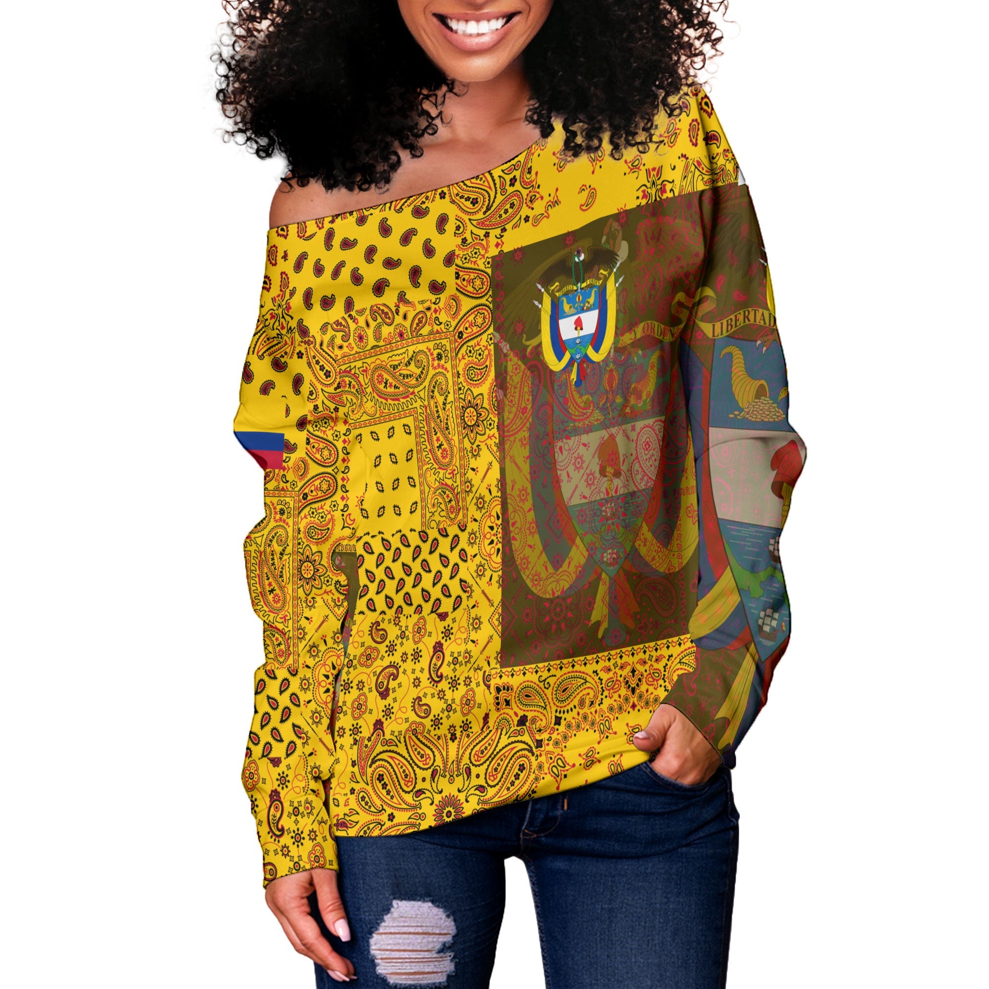 Colombia Women Off Shoulder Sweatshirt Paisley Flag And Skull Style 2