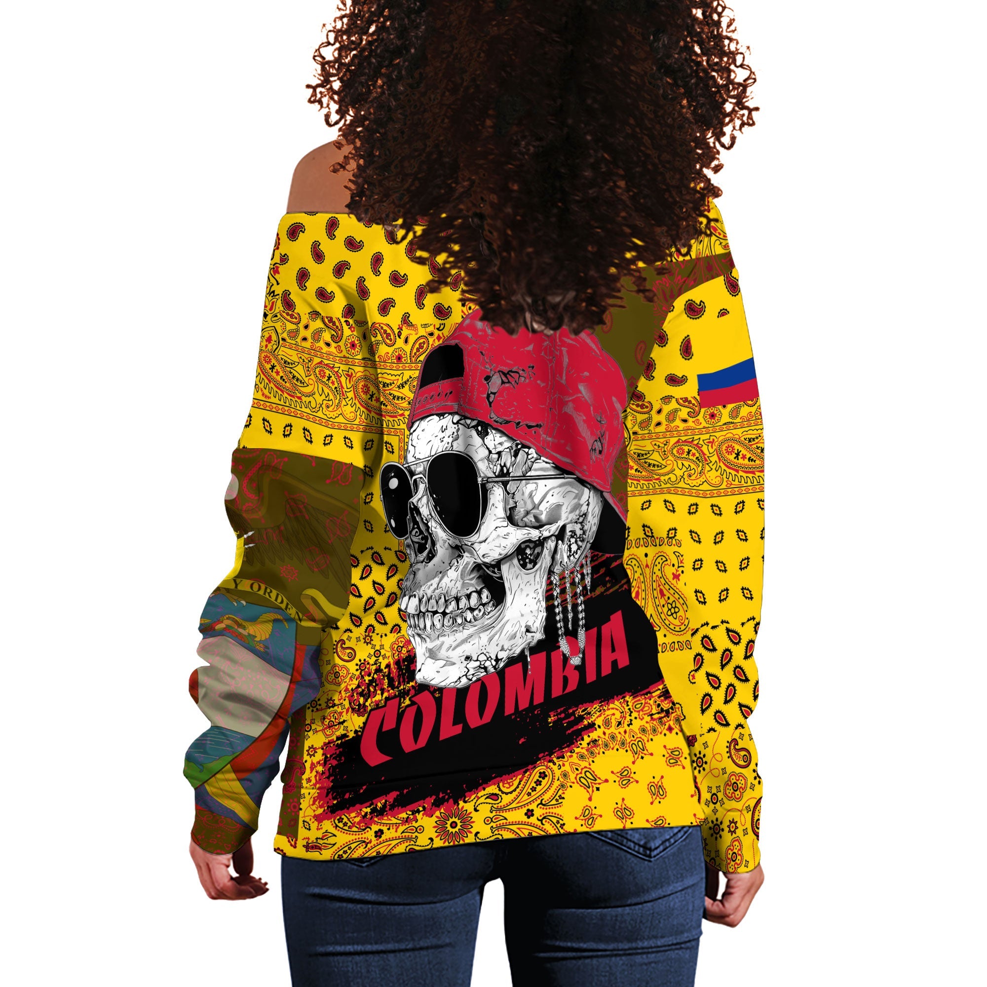 Colombia Women Off Shoulder Sweatshirt Paisley Flag And Skull Style 3