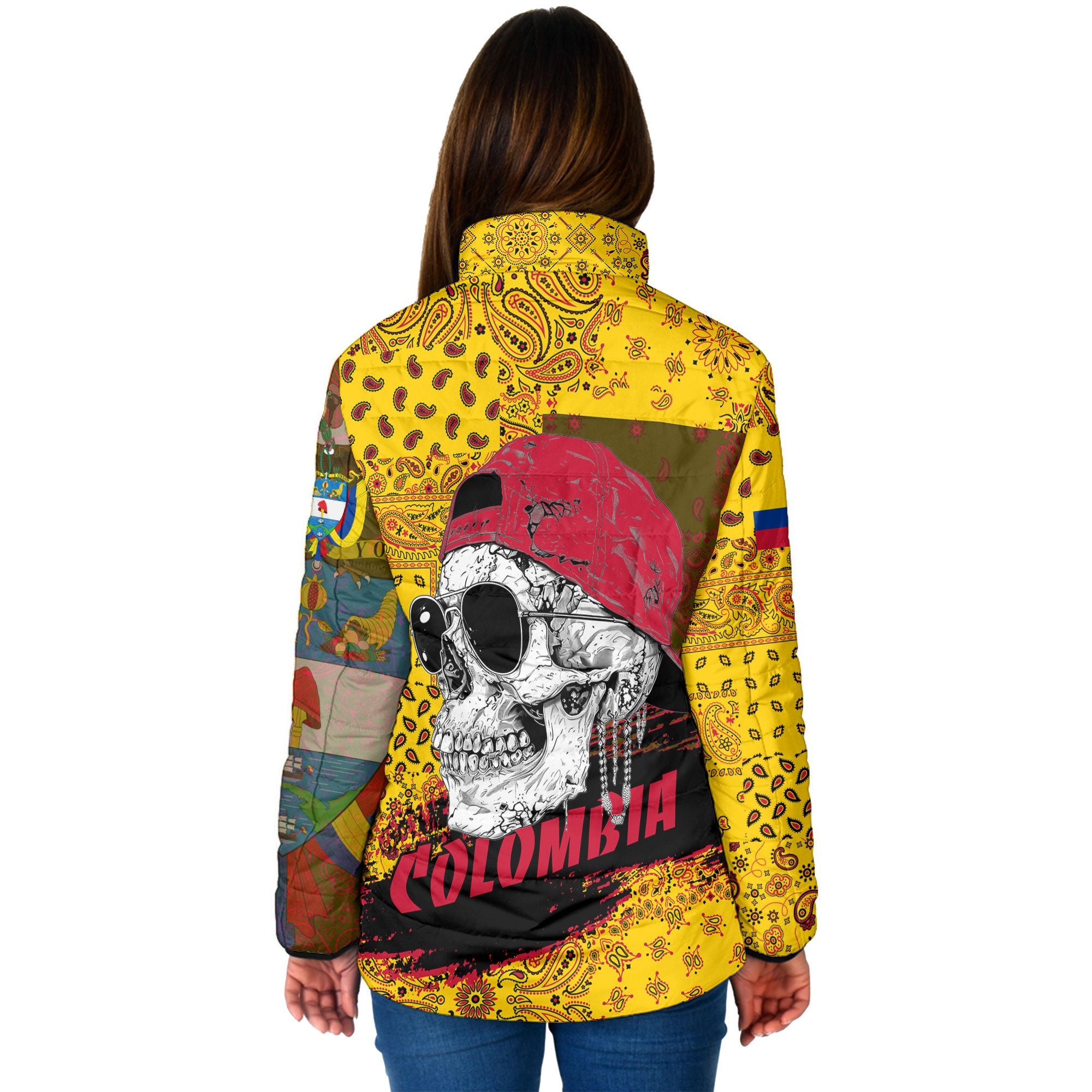 Colombia Women Padded Jacket Paisley Flag And Skull Style 2