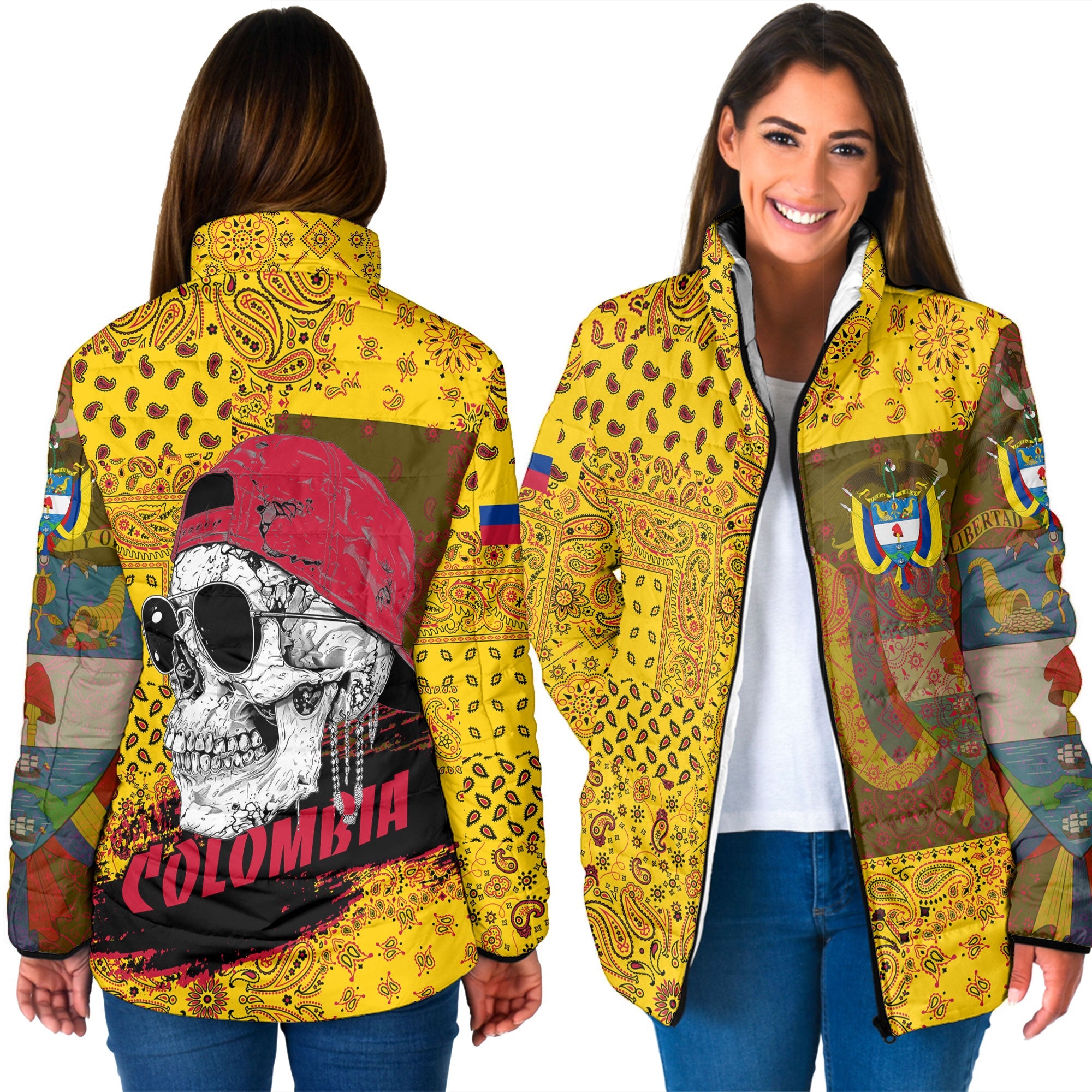 Colombia Women Padded Jacket Paisley Flag And Skull Style 3