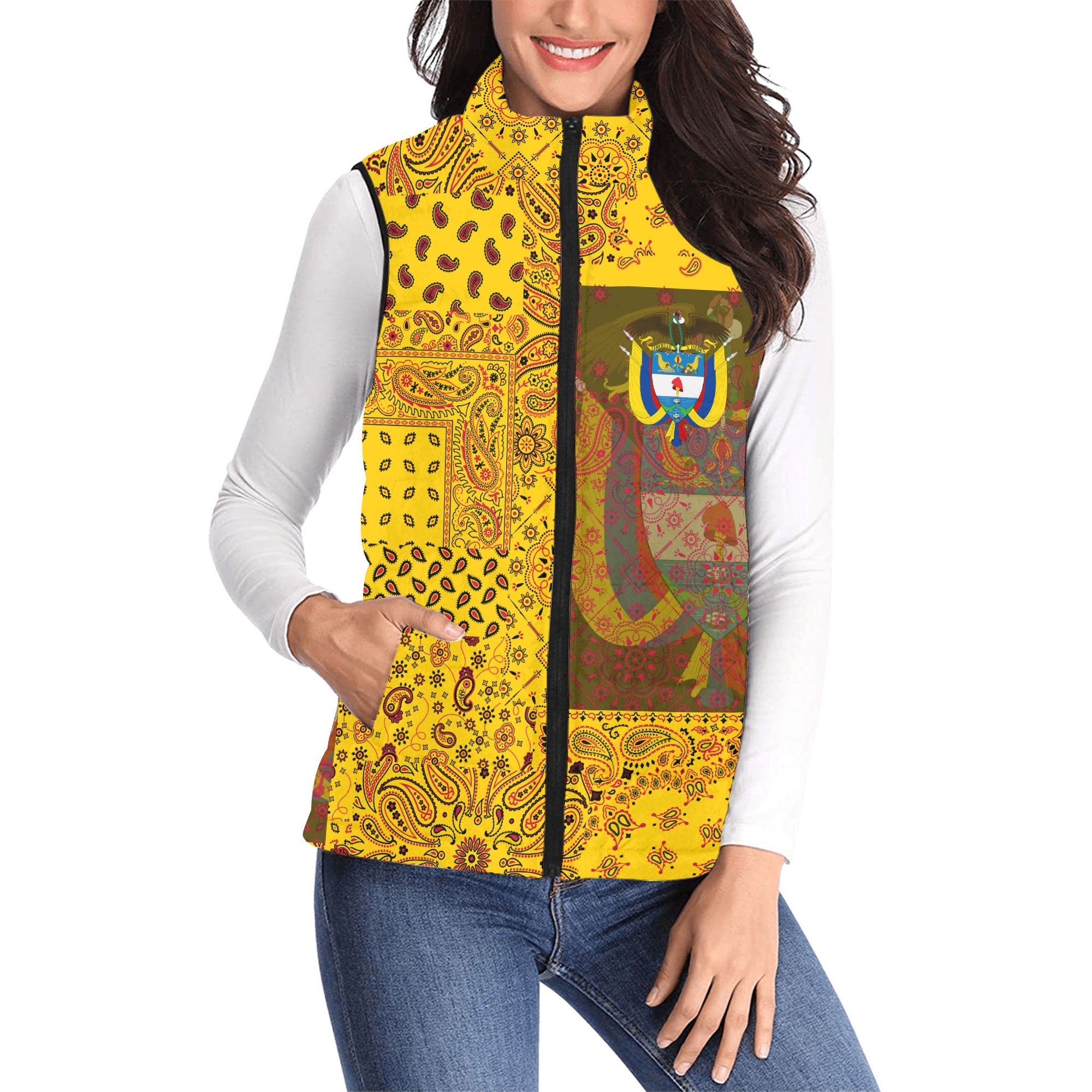 Colombia Women Padded Jacket Vest Paisley Flag And Skull Style 1