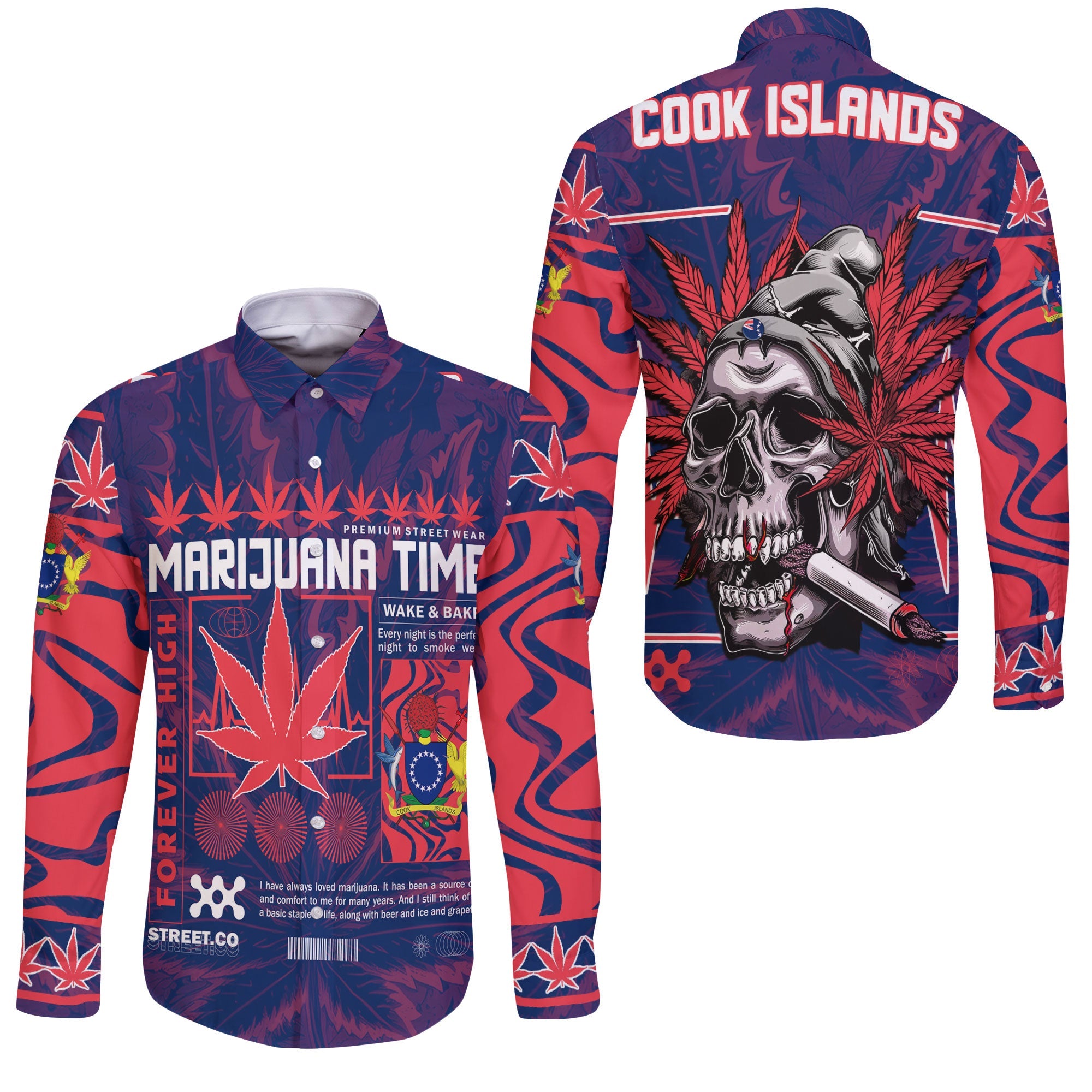 Cook Islands Long Sleeve Button Shirt Flag & Coat Of Arms Marijuanas Style