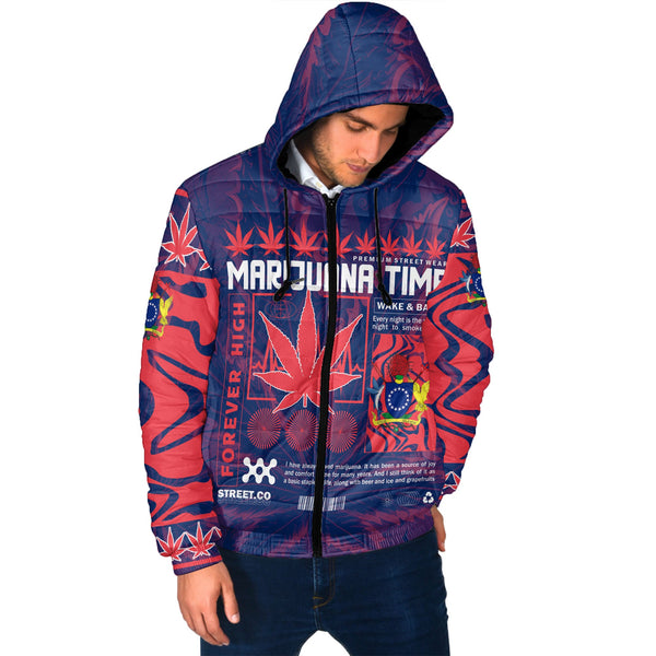 Cook Islands Men Hooded Padded Jacket Flag & Coat Of Arms Marijuanas Style