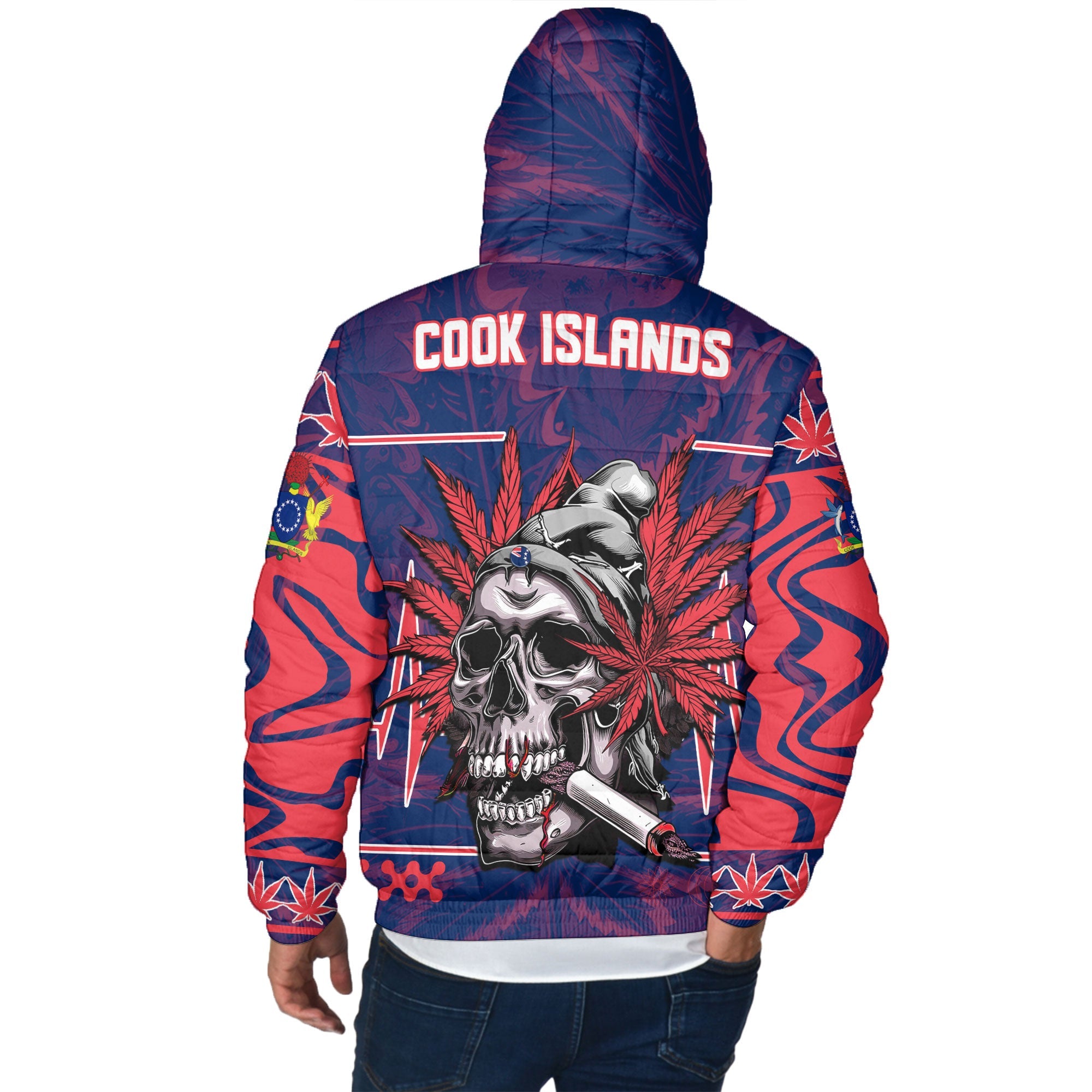 Cook Islands Men Hooded Padded Jacket Flag & Coat Of Arms Marijuanas Style