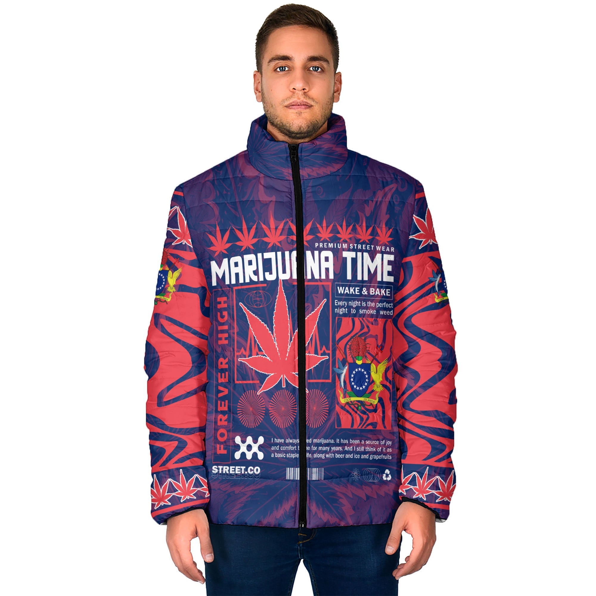 Cook Islands Men Padded Jacket Flag & Coat Of Arms Marijuanas Style