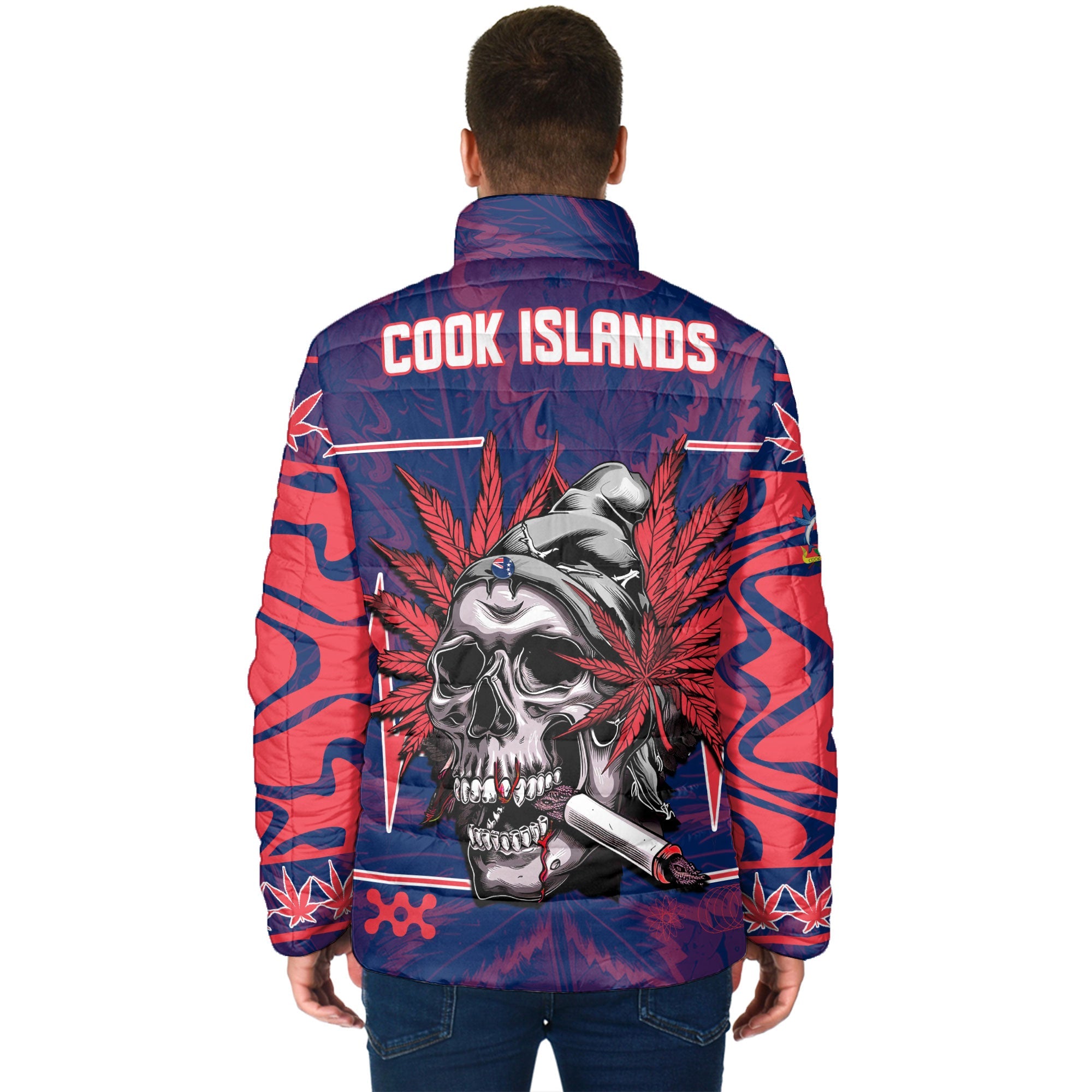 Cook Islands Men Padded Jacket Flag & Coat Of Arms Marijuanas Style