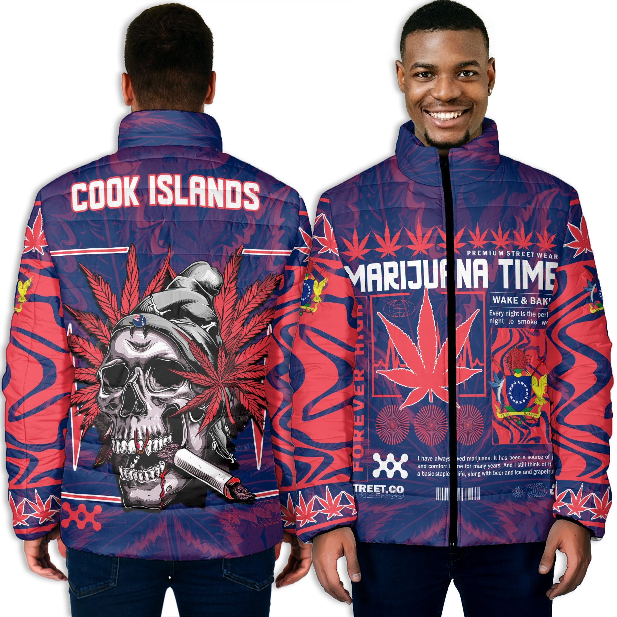 Cook Islands Men Padded Jacket Flag & Coat Of Arms Marijuanas Style