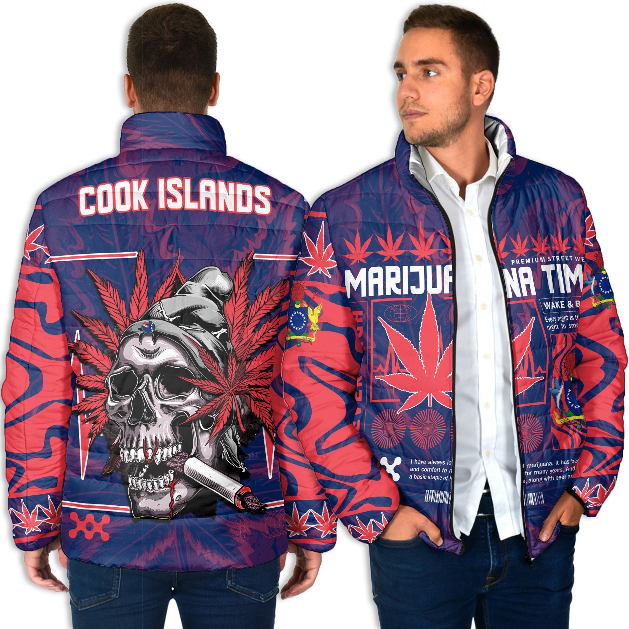 Cook Islands Men Padded Jacket Flag & Coat Of Arms Marijuanas Style