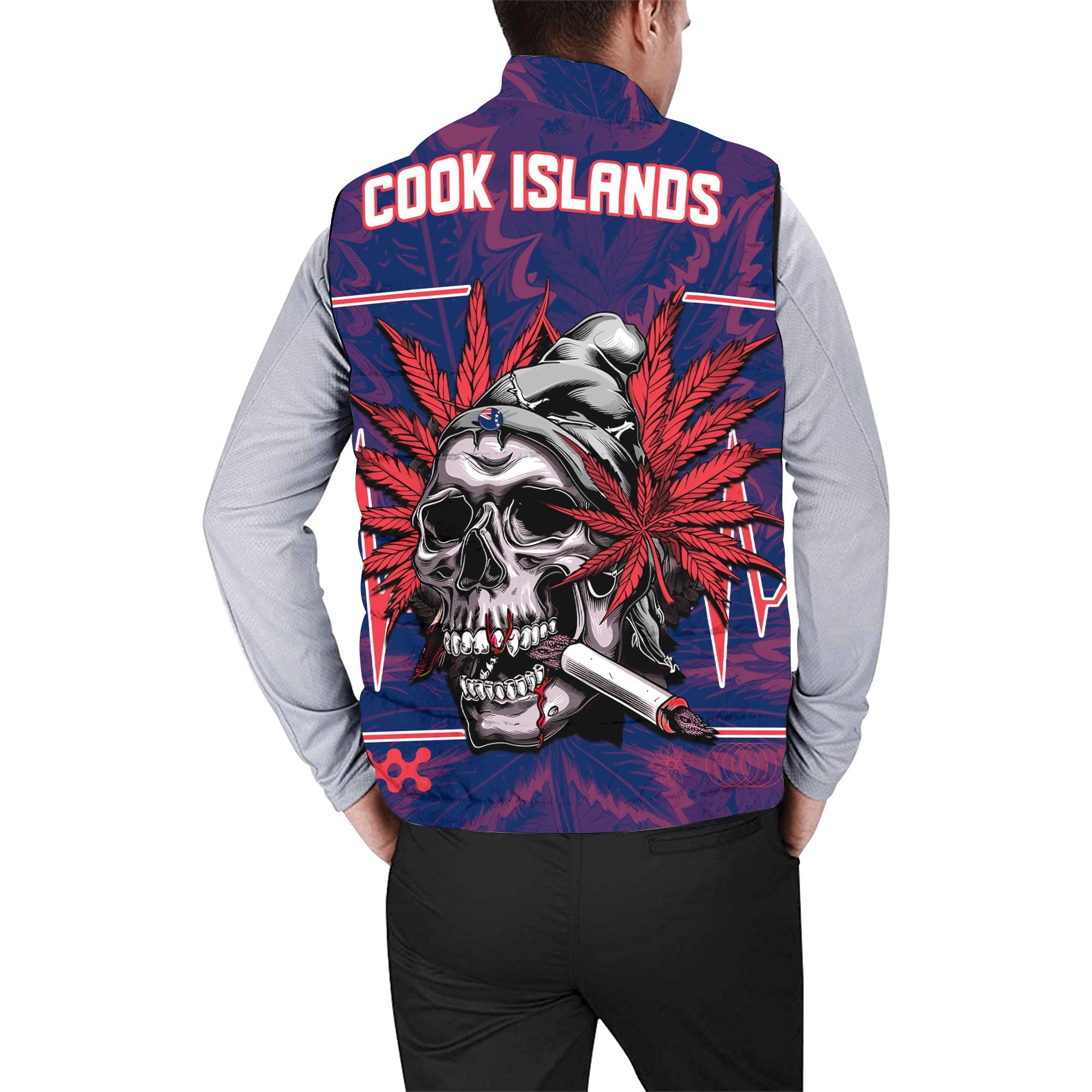 Cook Islands Men Padded Jacket Vest Flag & Coat Of Arms Marijuanas Style