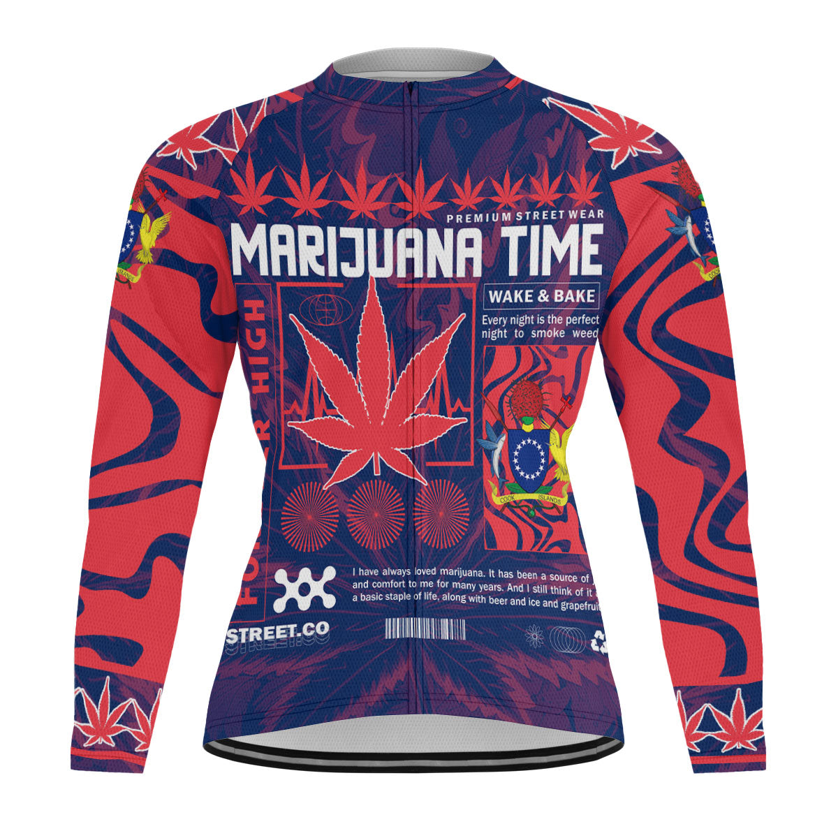 Cook Islands Men's Cycling Jersey Long Sleeve Flag & Coat Of Arms Marijuanas Style