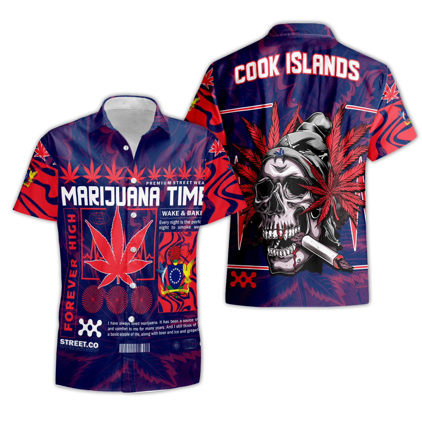 Cook Islands Short Sleeve Shirt Flag & Coat Of Arms Marijuanas Style