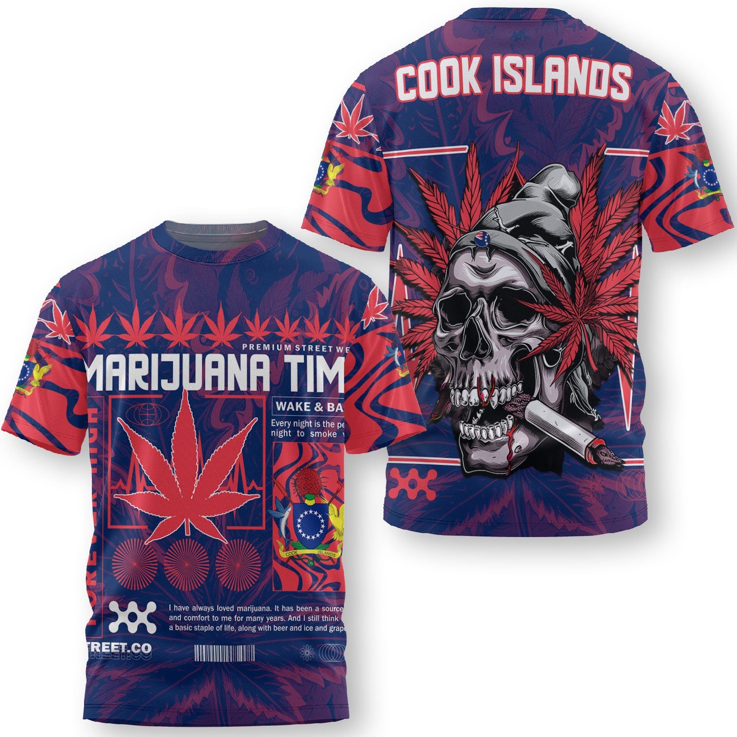 Cook Islands T Shirt Flag & Coat Of Arms Marijuanas Style