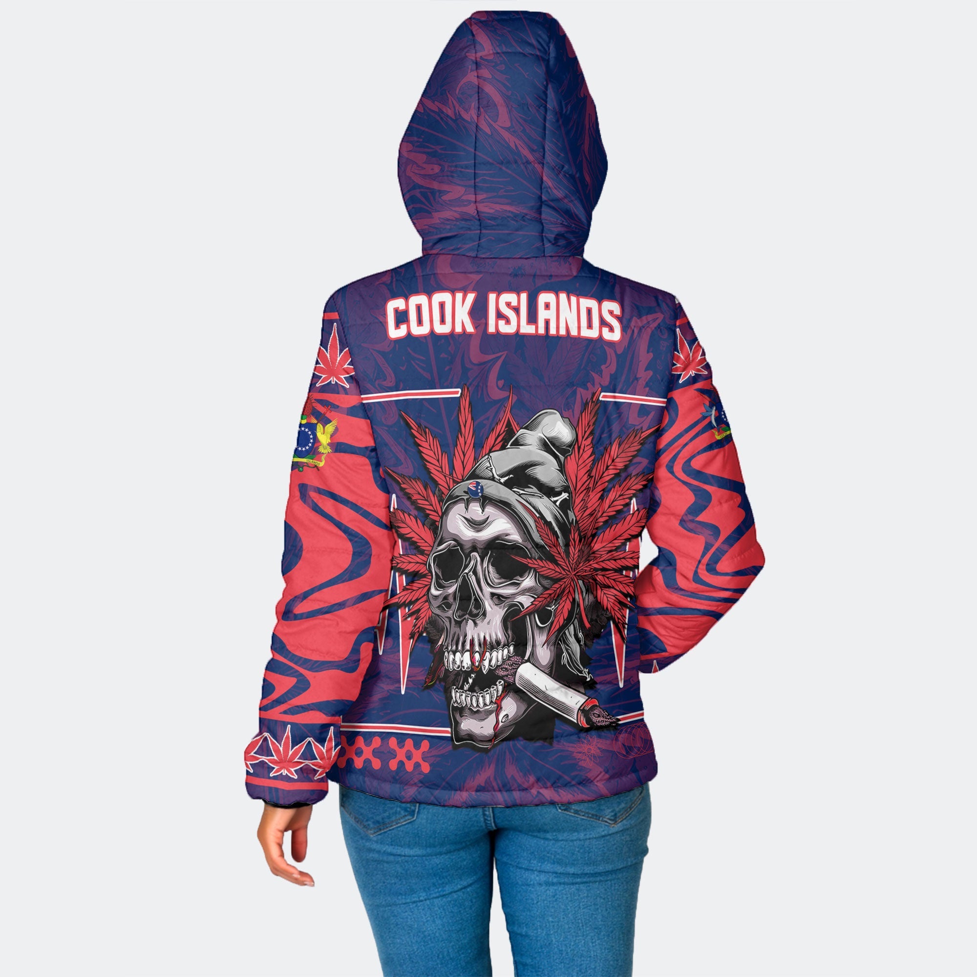 Cook Islands Women Hooded Padded Jacket Flag & Coat Of Arms Marijuanas Style