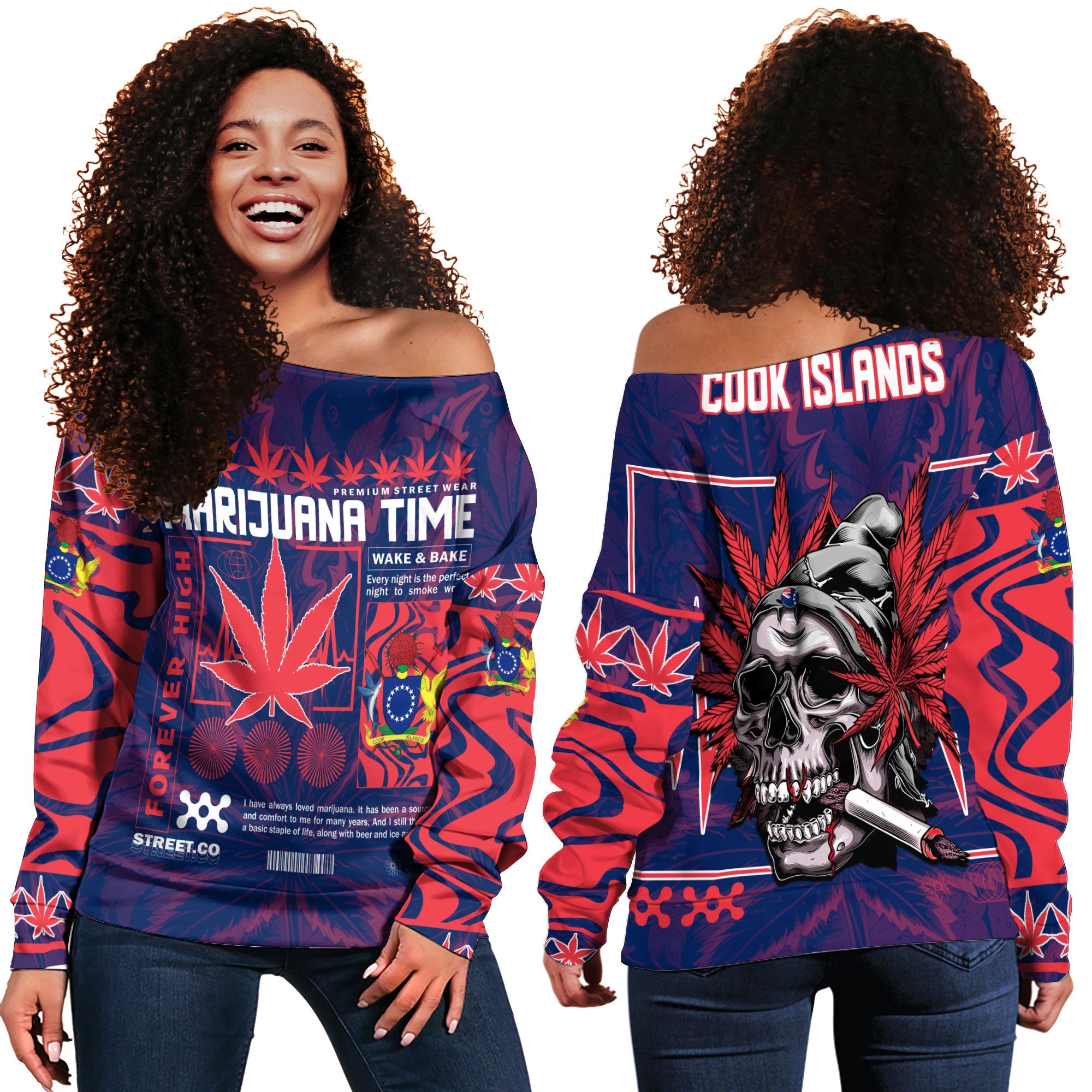 Cook Islands Women Off Shoulder Sweatshirt Flag & Coat Of Arms Marijuanas Style