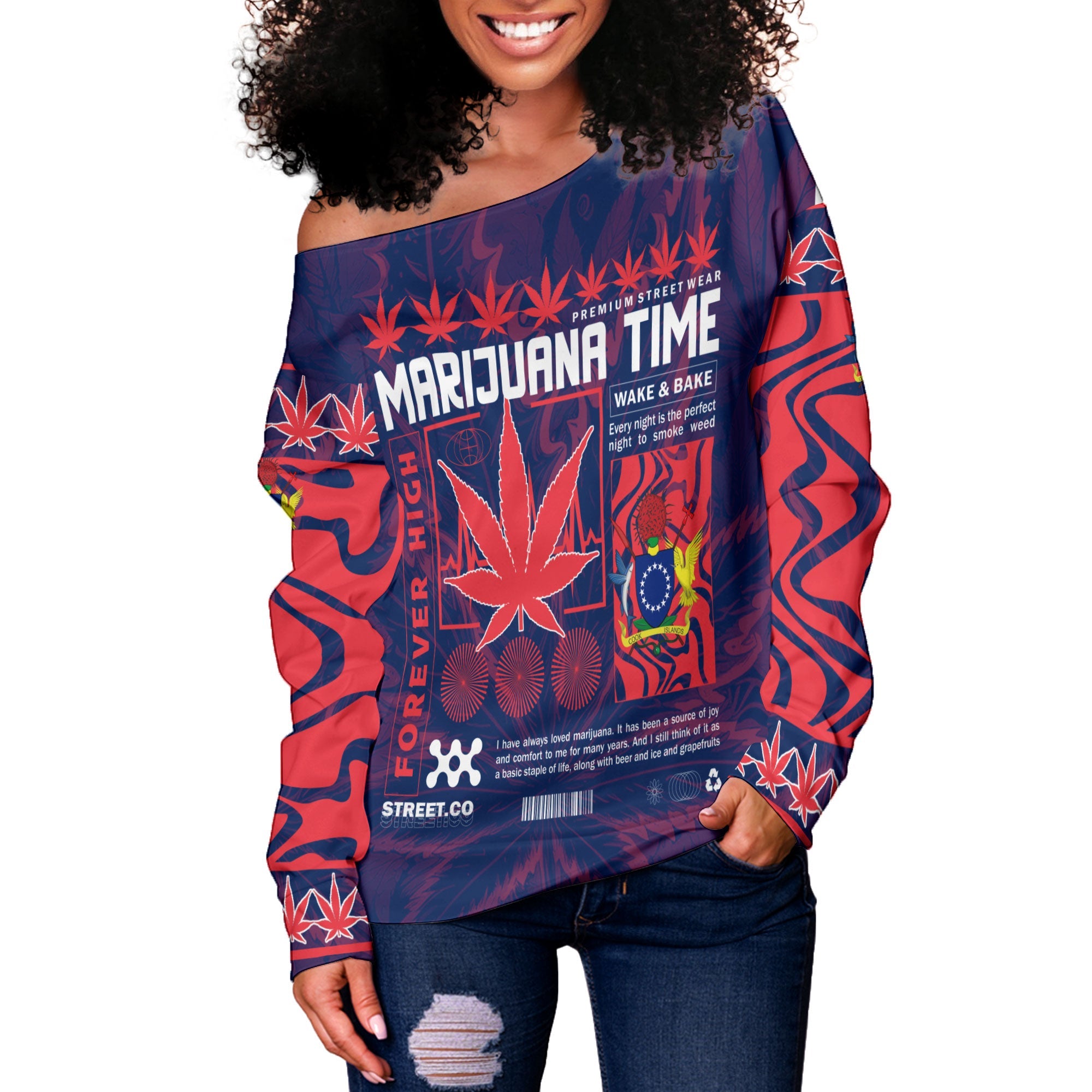 Cook Islands Women Off Shoulder Sweatshirt Flag & Coat Of Arms Marijuanas Style