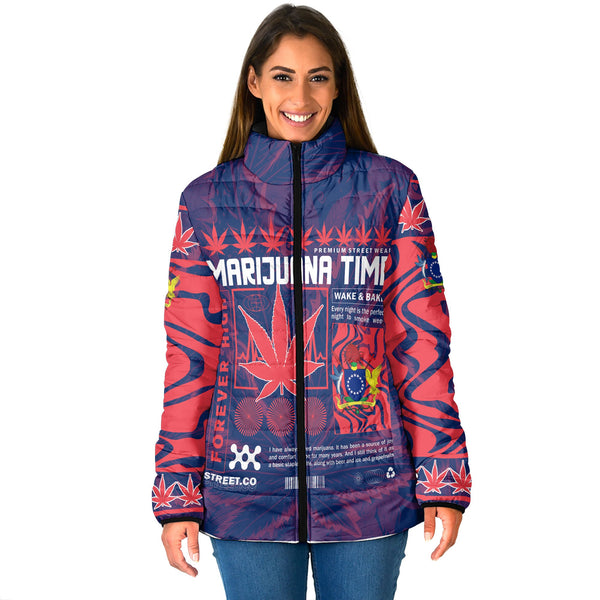 Cook Islands Women Padded Jacket Flag & Coat Of Arms Marijuanas Style