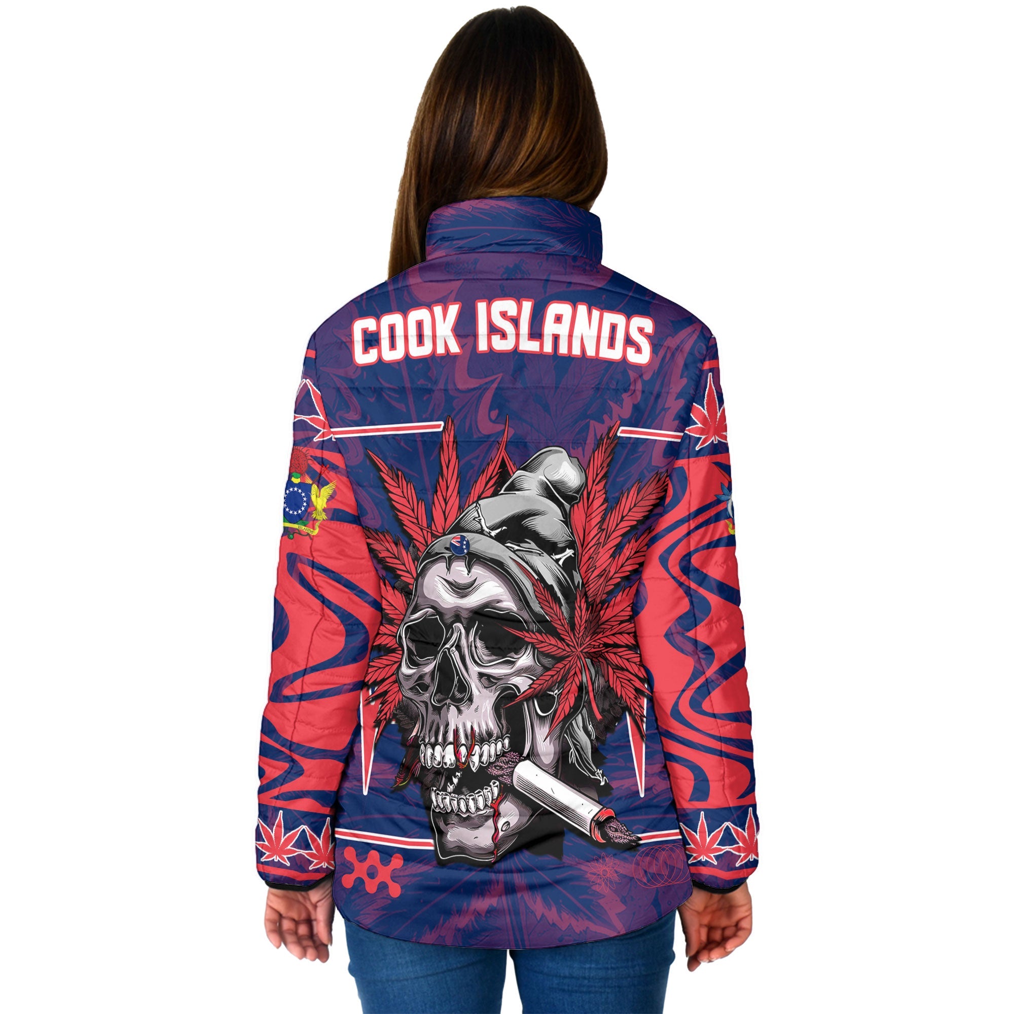 Cook Islands Women Padded Jacket Flag & Coat Of Arms Marijuanas Style