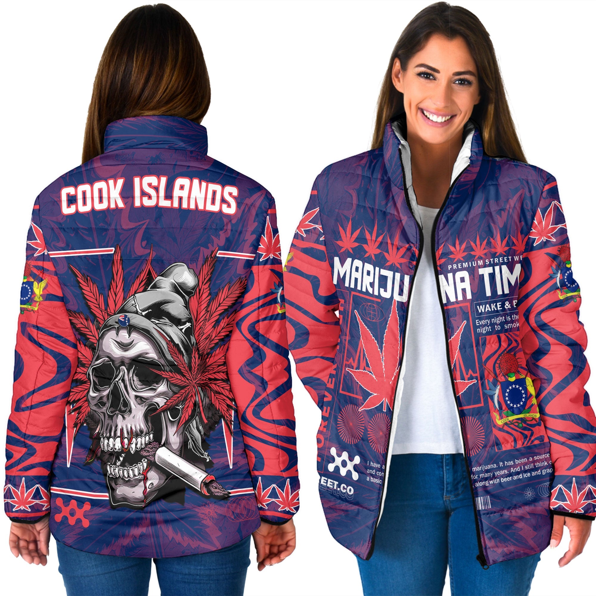 Cook Islands Women Padded Jacket Flag & Coat Of Arms Marijuanas Style