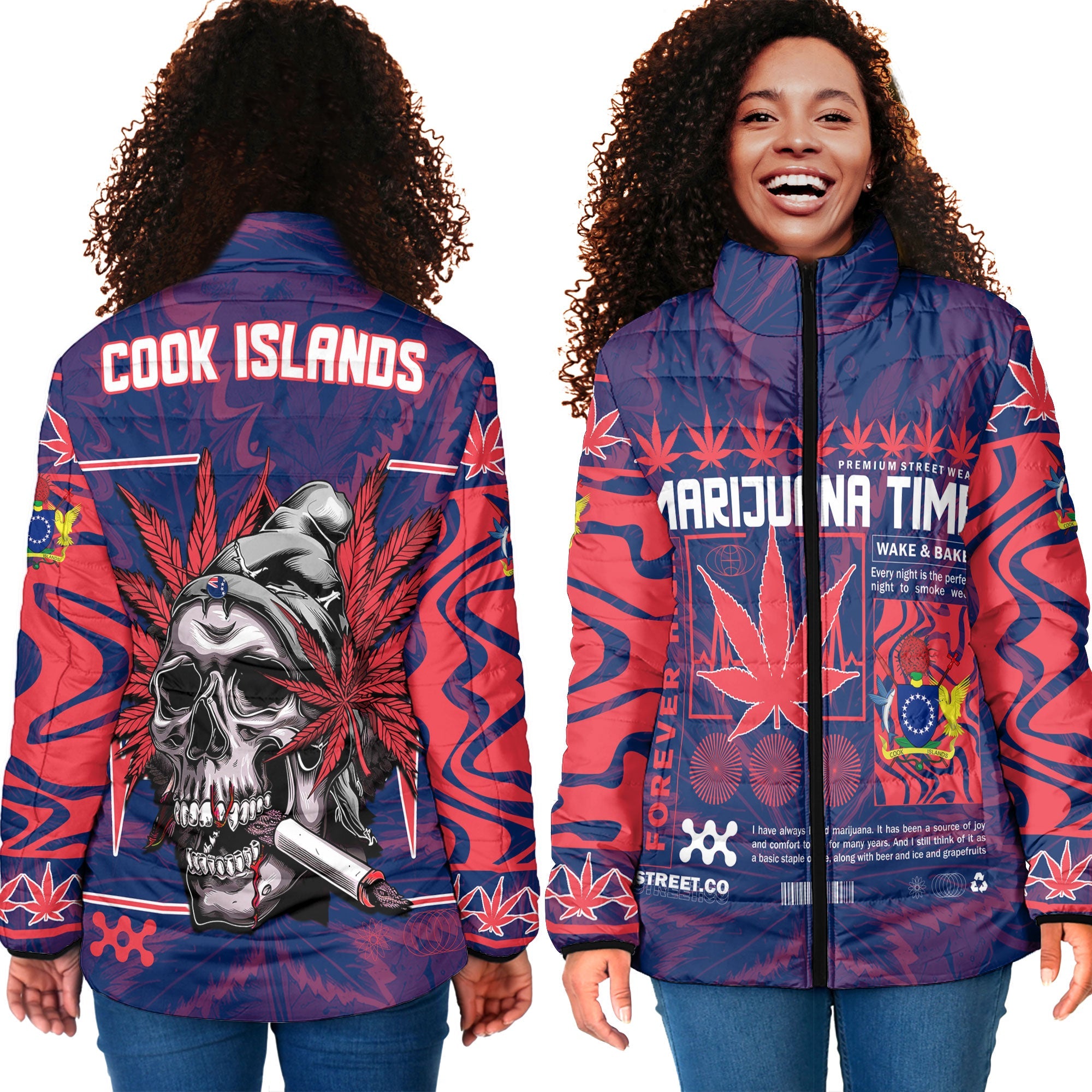 Cook Islands Women Padded Jacket Flag & Coat Of Arms Marijuanas Style