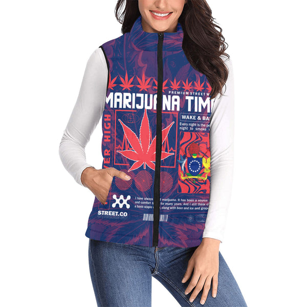 Cook Islands Women Padded Jacket Vest Flag & Coat Of Arms Marijuanas Style