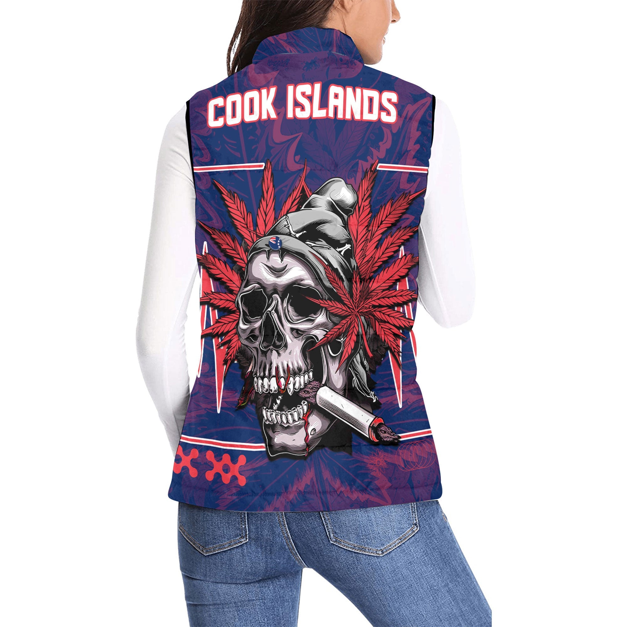 Cook Islands Women Padded Jacket Vest Flag & Coat Of Arms Marijuanas Style