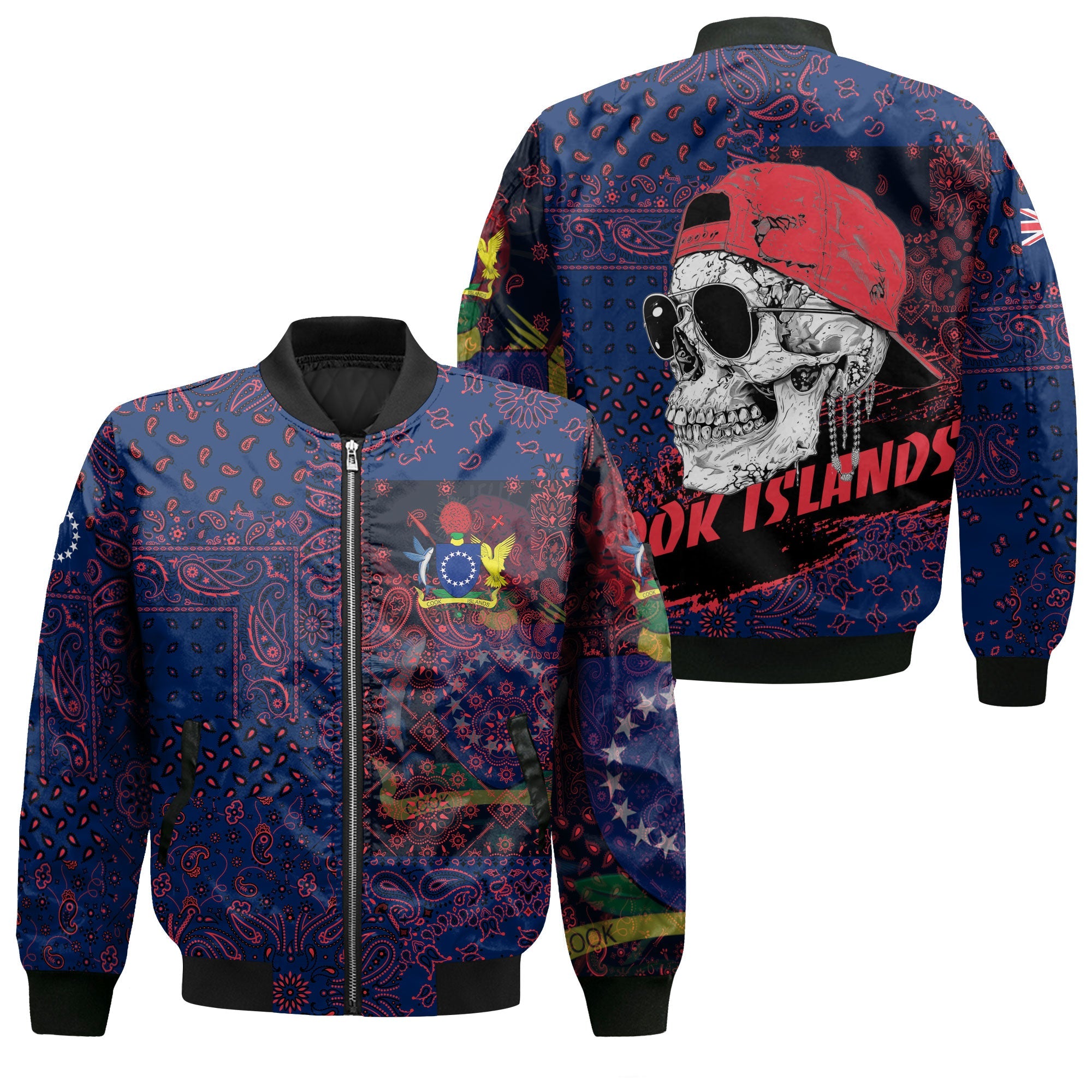 Cook Islands Bomber Jacket Paisley Flag And Skull Style 1