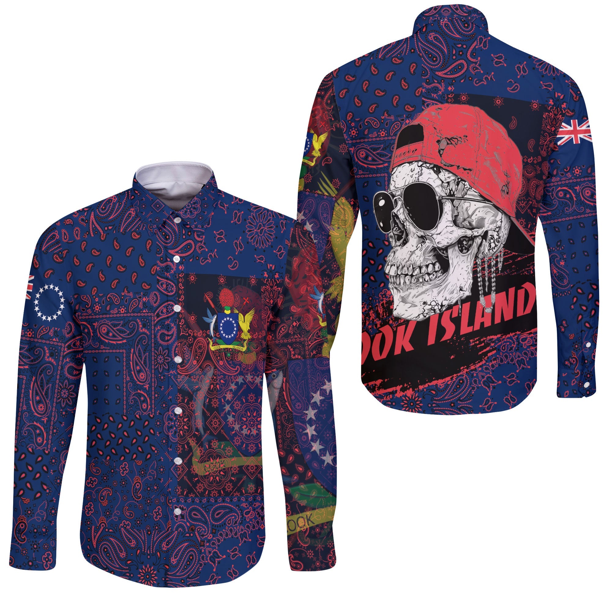 Cook Islands Long Sleeve Button Shirt Paisley Flag And Skull Style 3