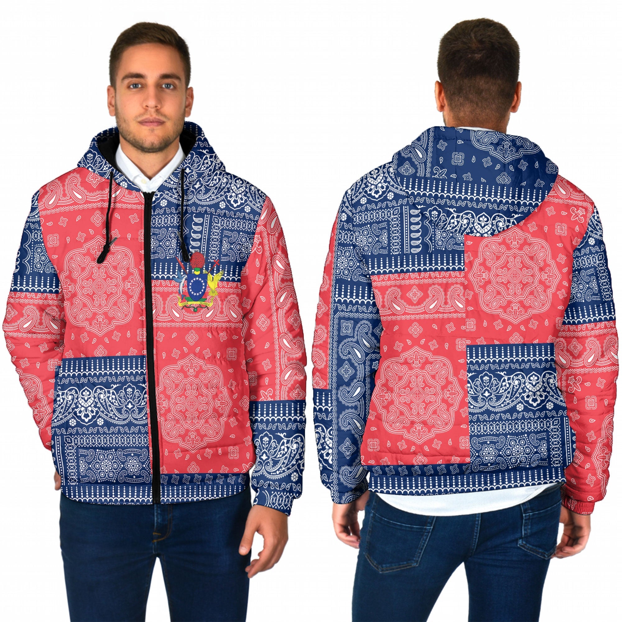 Cook Islands Men Hooded Padded Jacket Flag And Paisley Basic Style 1