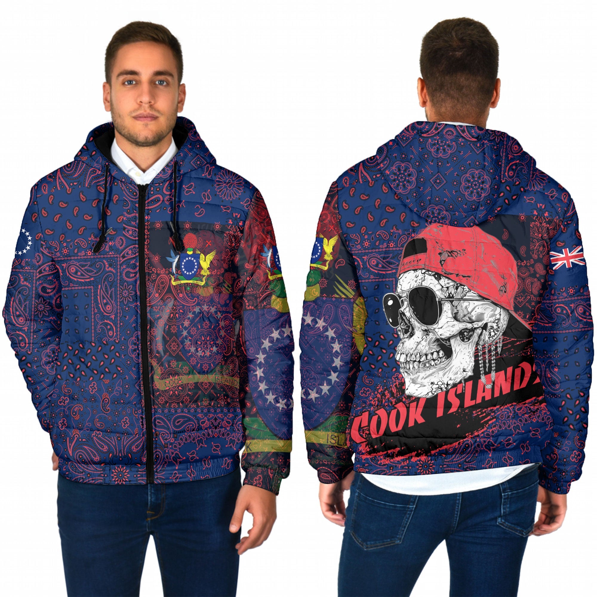 Cook Islands Men Hooded Padded Jacket Paisley Flag And Skull Style 1