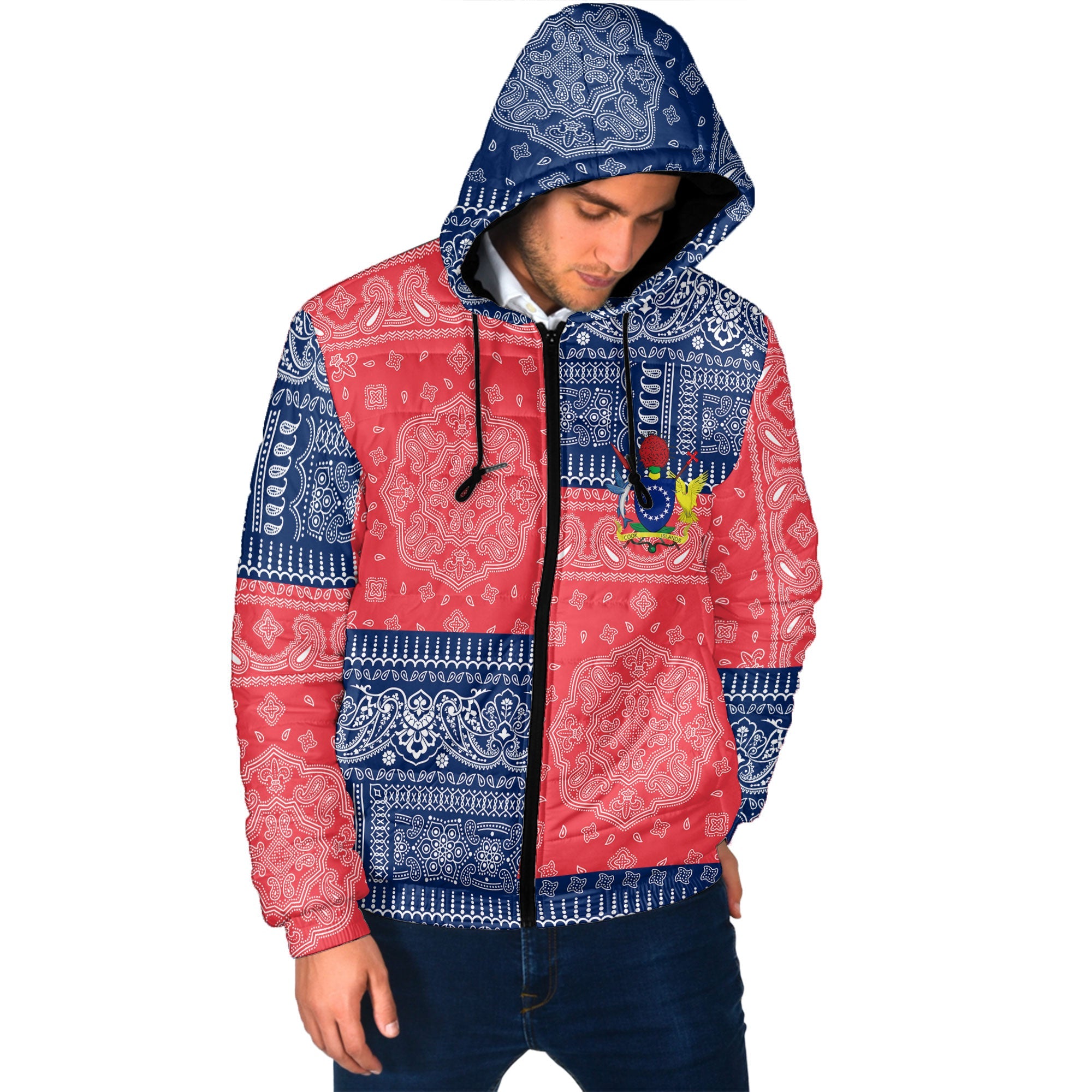 Cook Islands Men Hooded Padded Jacket Flag And Paisley Basic Style 2