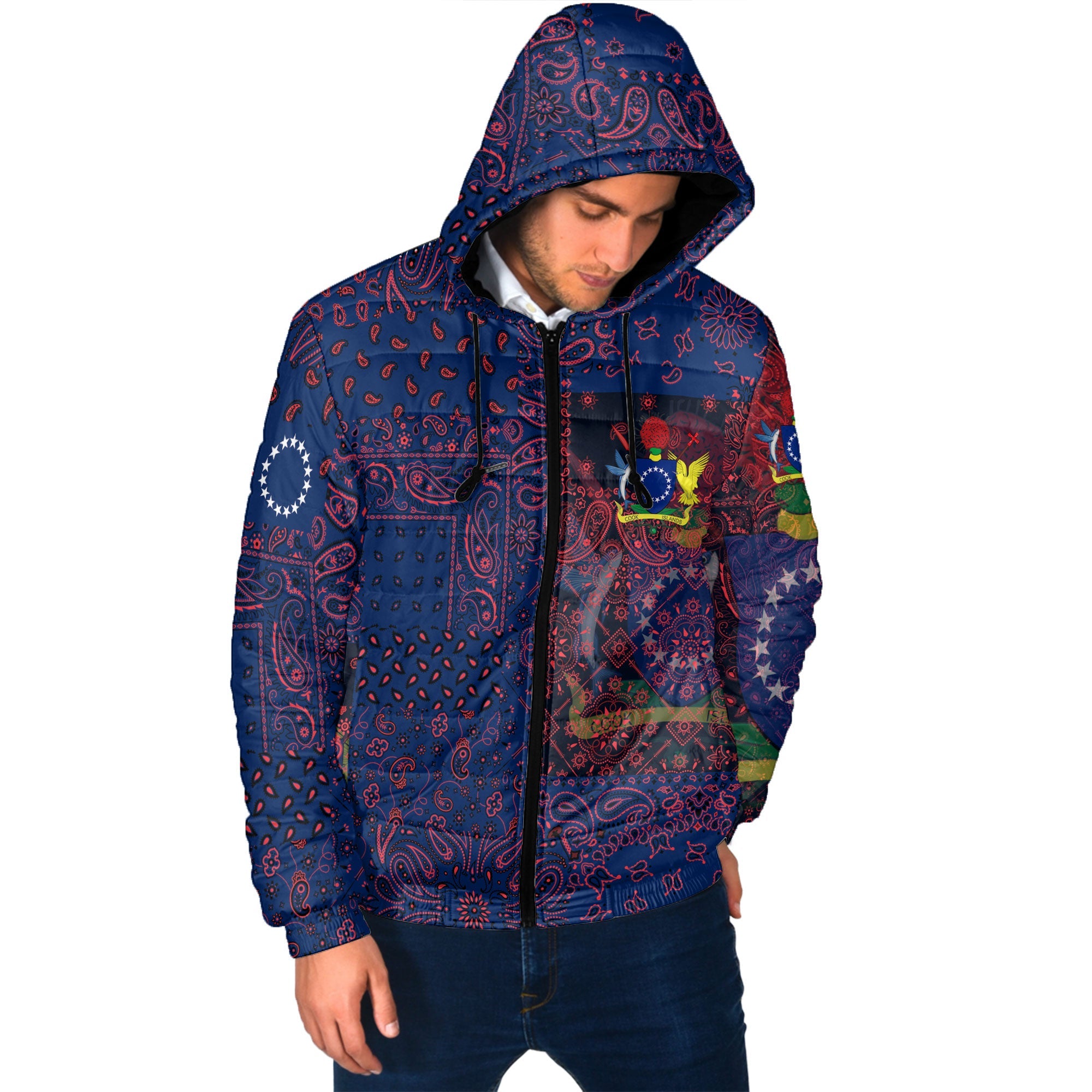 Cook Islands Men Hooded Padded Jacket Paisley Flag And Skull Style 2