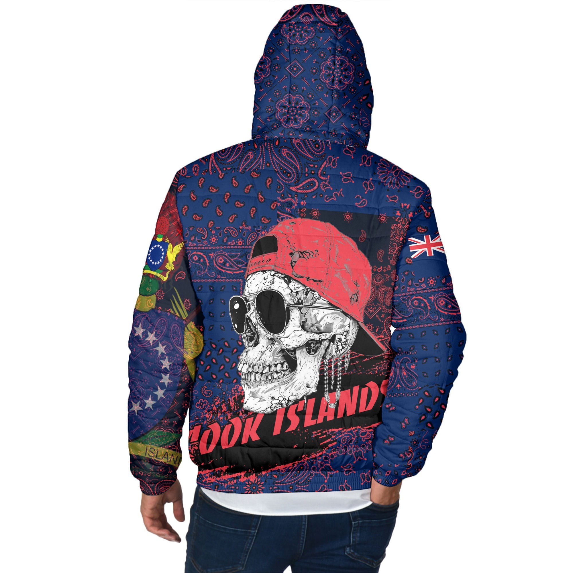 Cook Islands Men Hooded Padded Jacket Paisley Flag And Skull Style 3