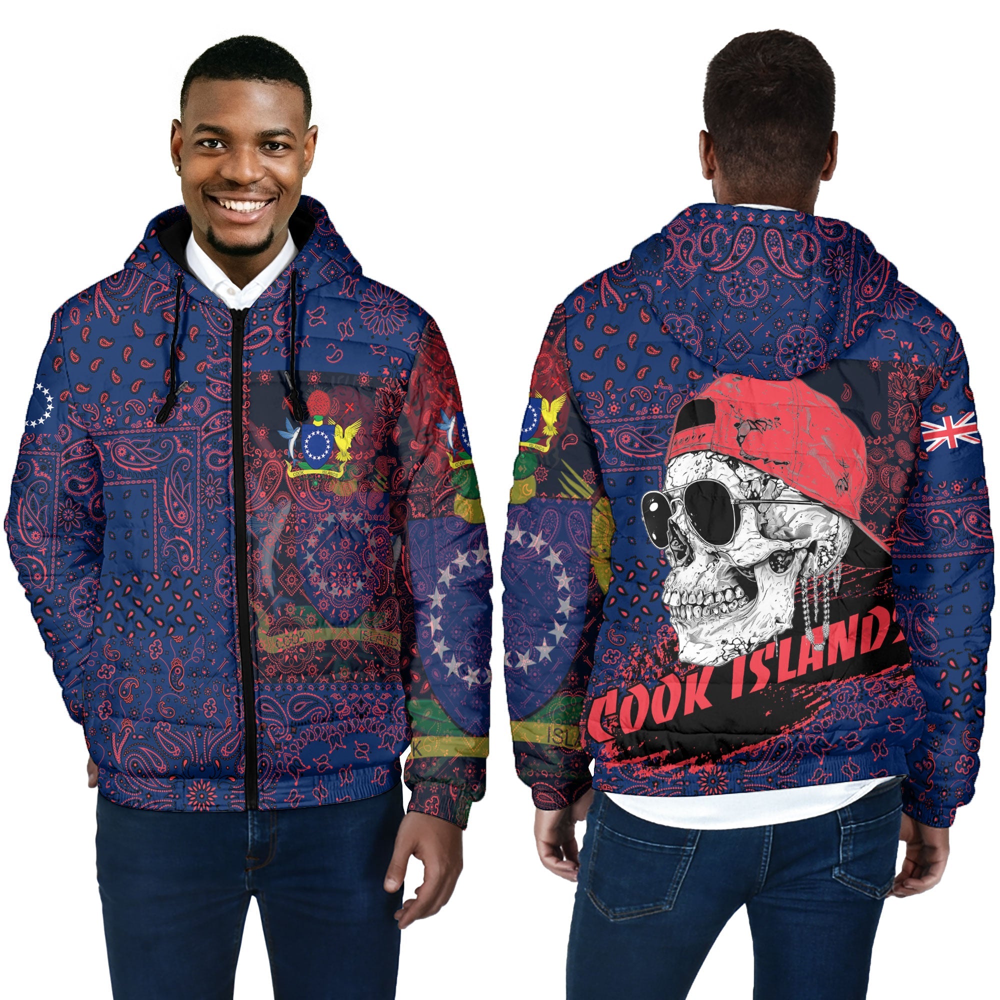 Cook Islands Men Hooded Padded Jacket Paisley Flag And Skull Style 4