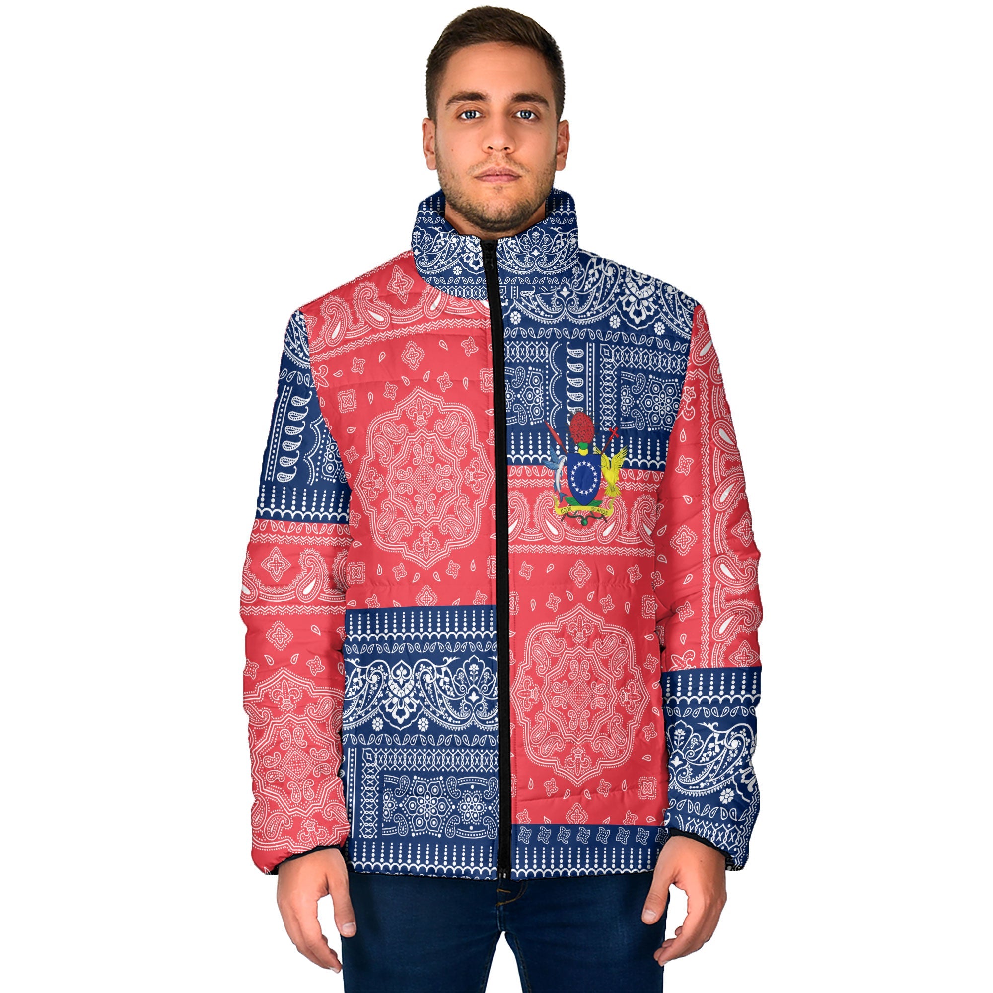 Cook Islands Men Padded Jacket Flag And Paisley Basic Style 1