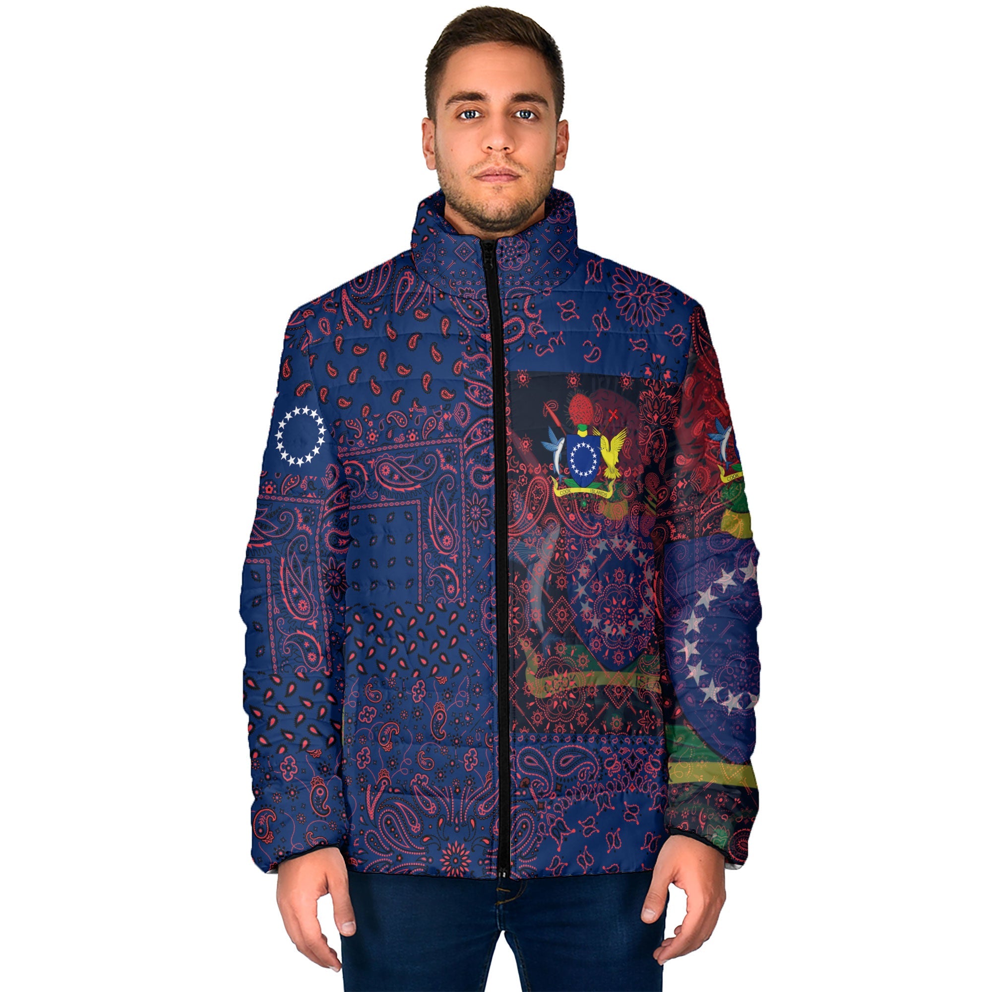 Cook Islands Men Padded Jacket Paisley Flag And Skull Style 1