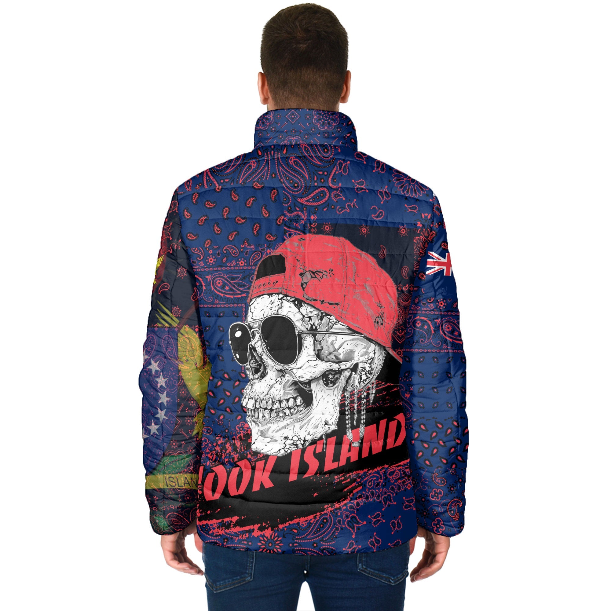 Cook Islands Men Padded Jacket Paisley Flag And Skull Style 2