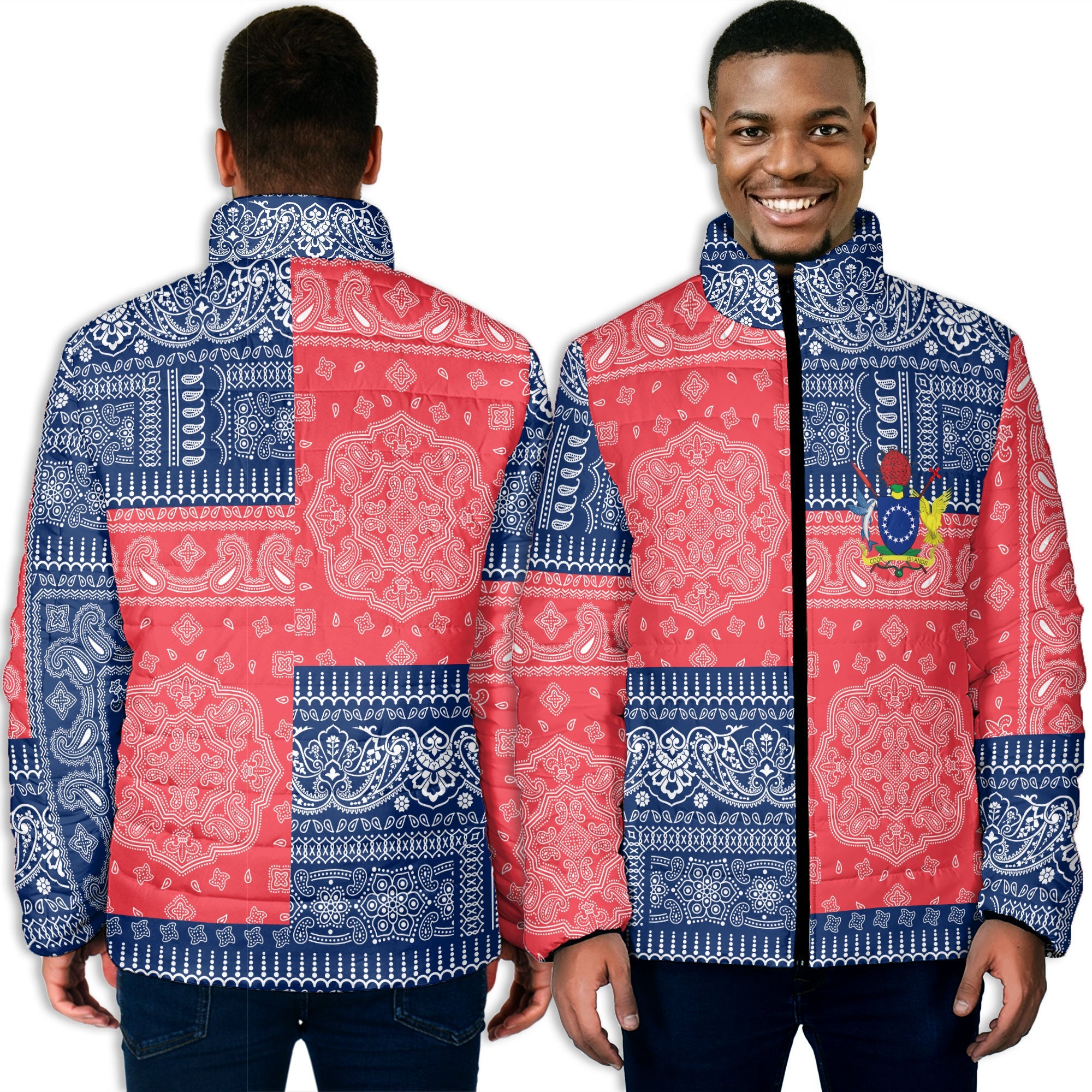 Cook Islands Men Padded Jacket Flag And Paisley Basic Style 5