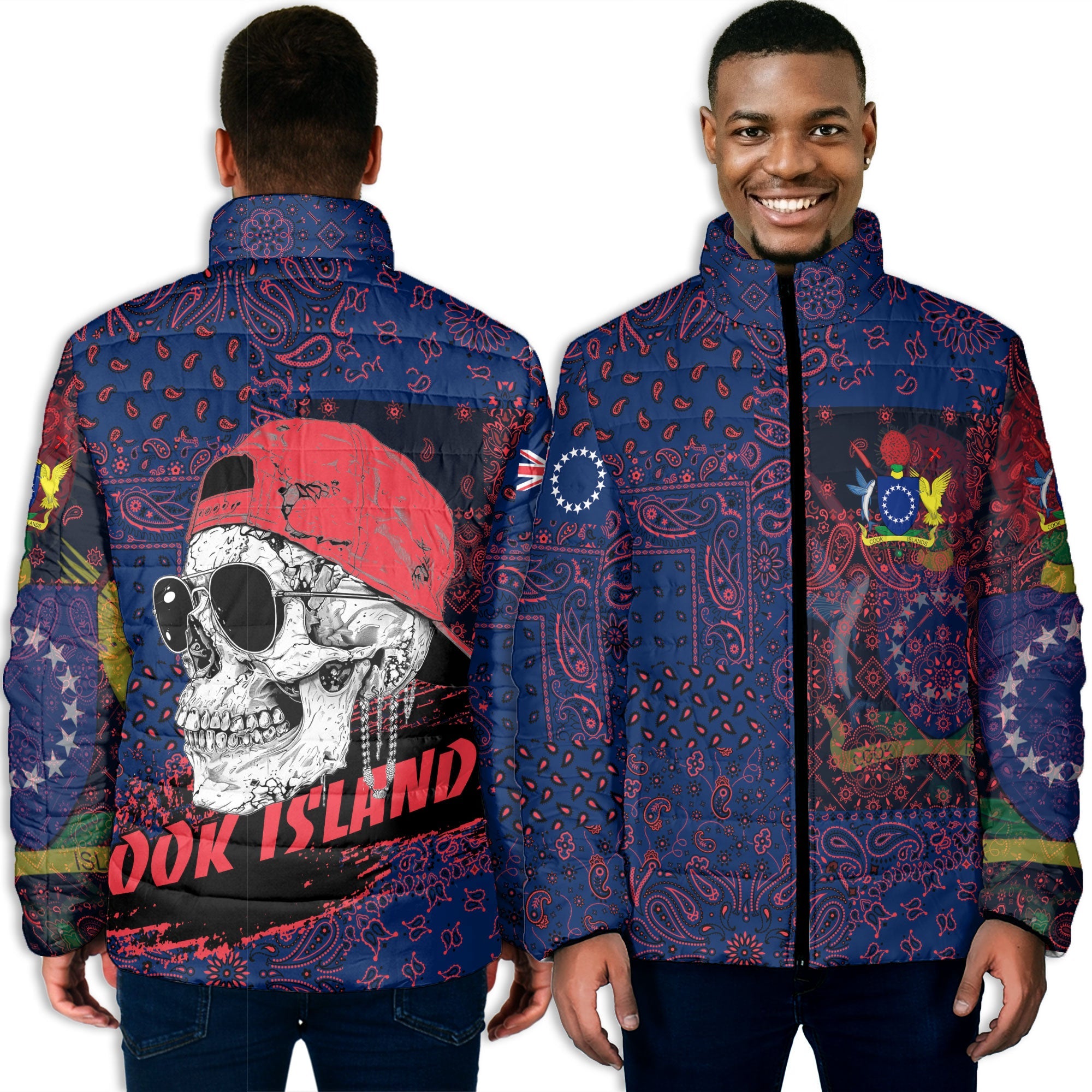 Cook Islands Men Padded Jacket Paisley Flag And Skull Style 5