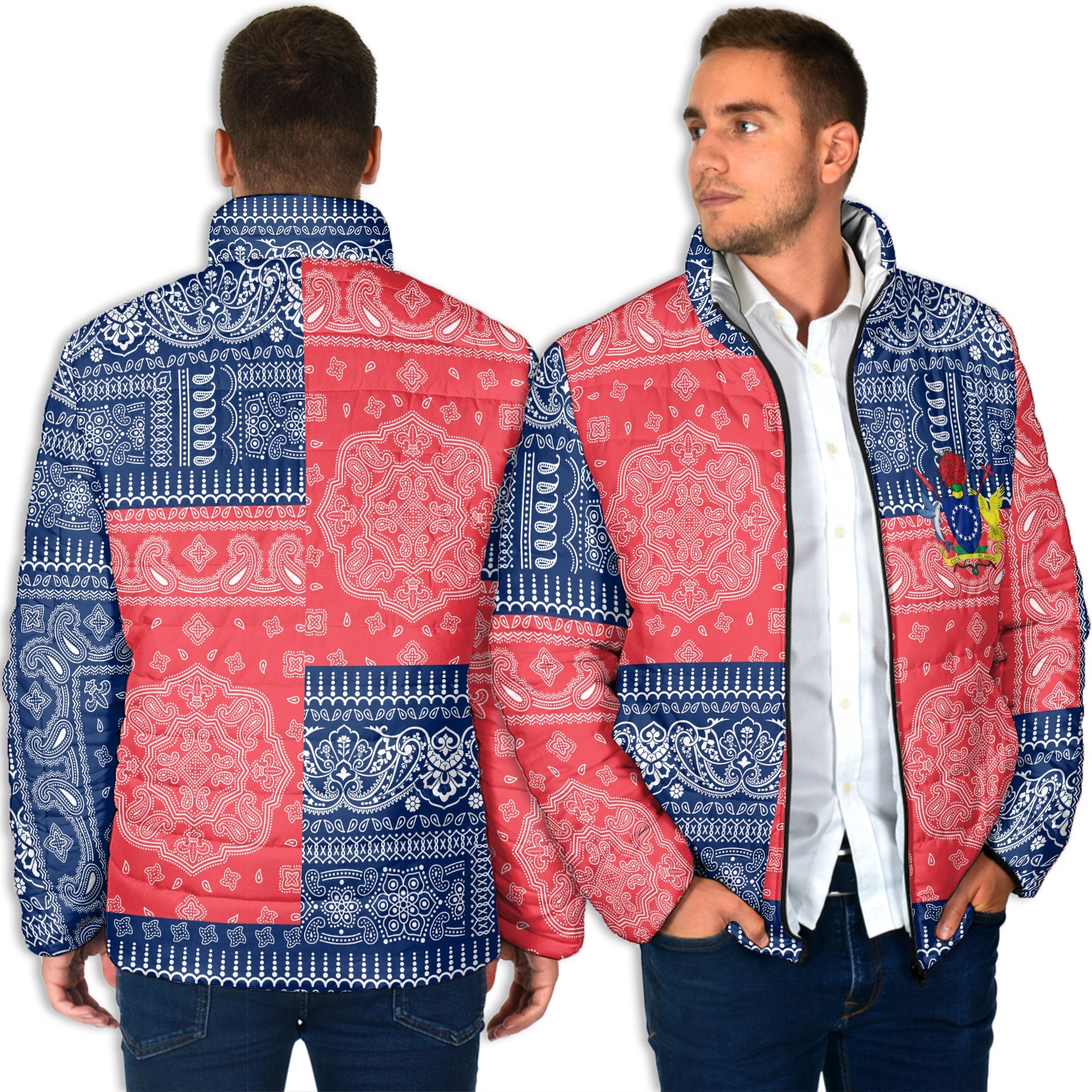 Cook Islands Men Padded Jacket Flag And Paisley Basic Style 6