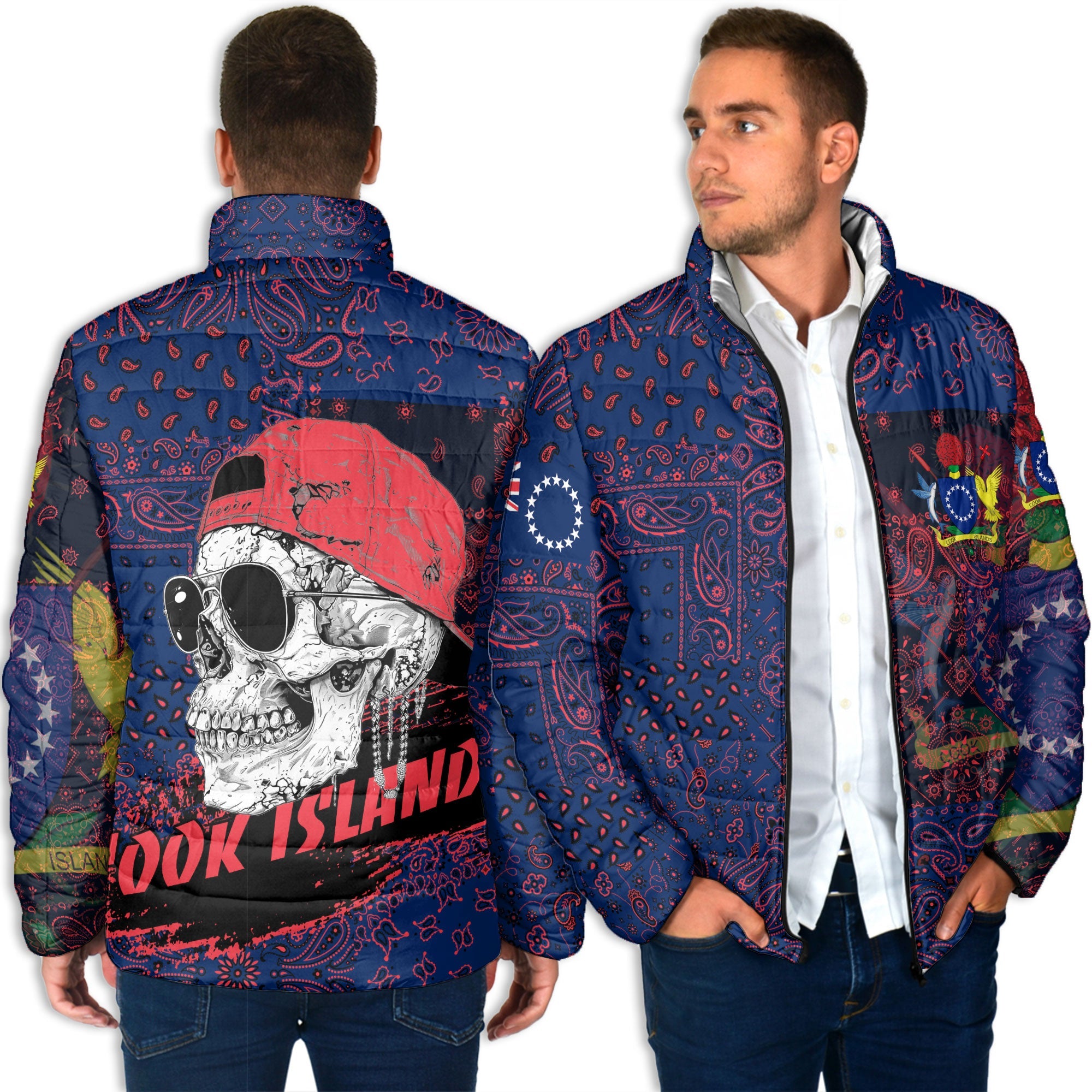 Cook Islands Men Padded Jacket Paisley Flag And Skull Style 6