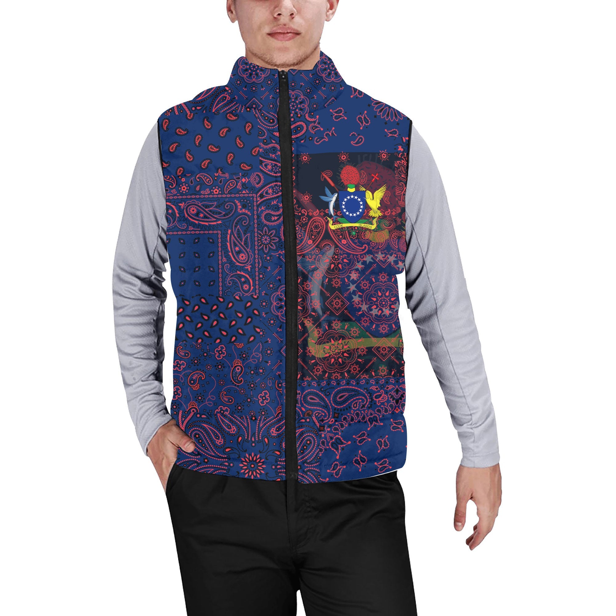 Cook Islands Men Padded Jacket Vest Paisley Flag And Skull Style 1