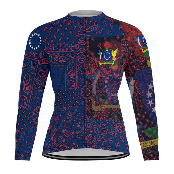 Cook Islands Raglan Men Cycling Jersey Long Sleeve Paisley Flag And Skull Style 1