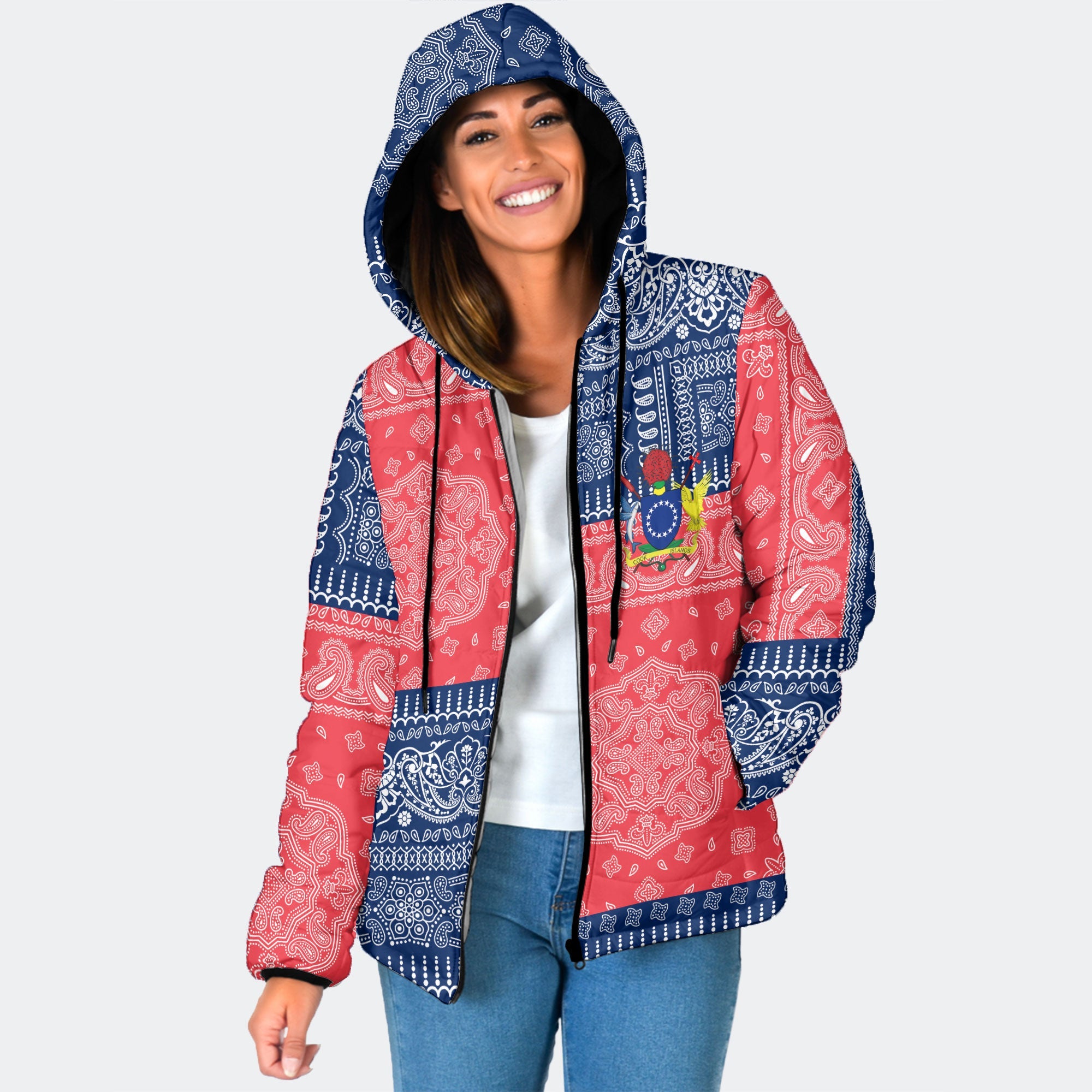 Cook Islands Women Hooded Padded Jacket Flag And Paisley Basic Style 1