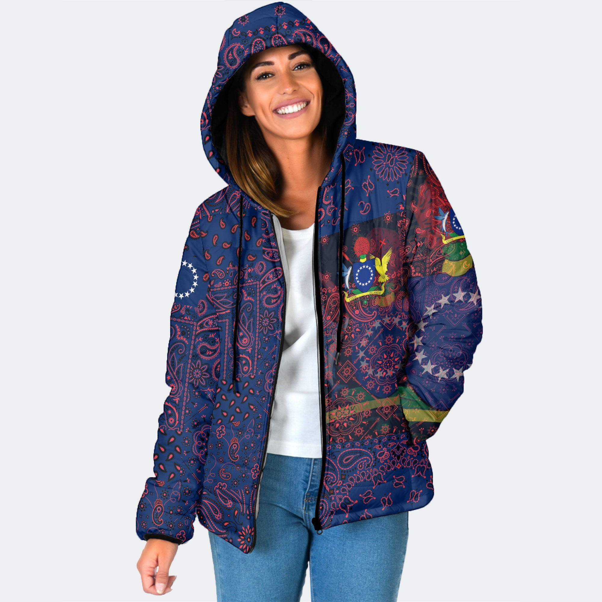 Cook Islands Women Hooded Padded Jacket Paisley Flag And Skull Style 1