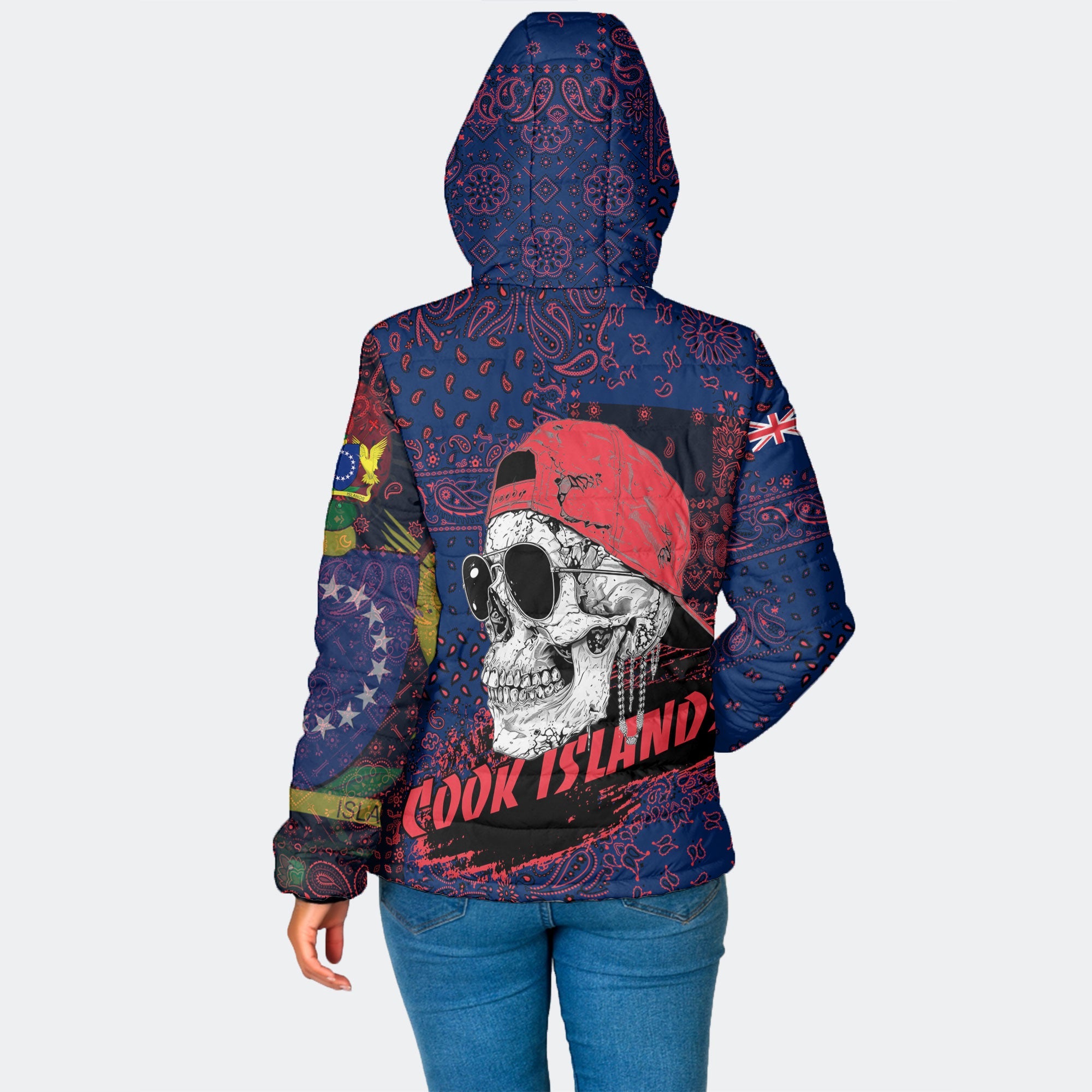 Cook Islands Women Hooded Padded Jacket Paisley Flag And Skull Style 2