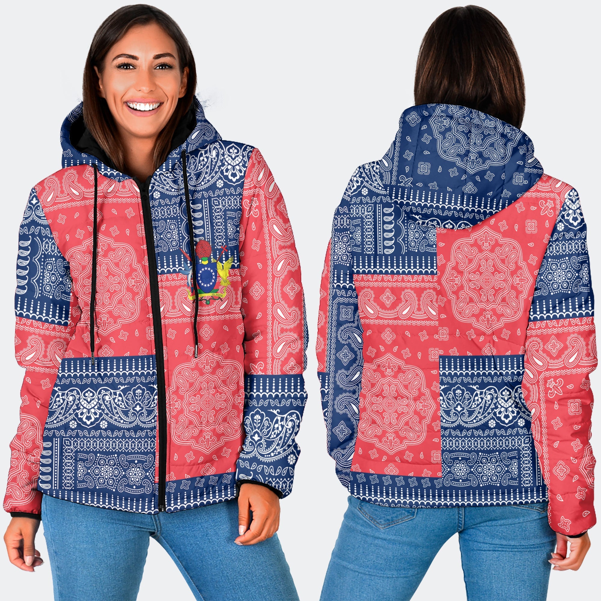 Cook Islands Women Hooded Padded Jacket Flag And Paisley Basic Style 3