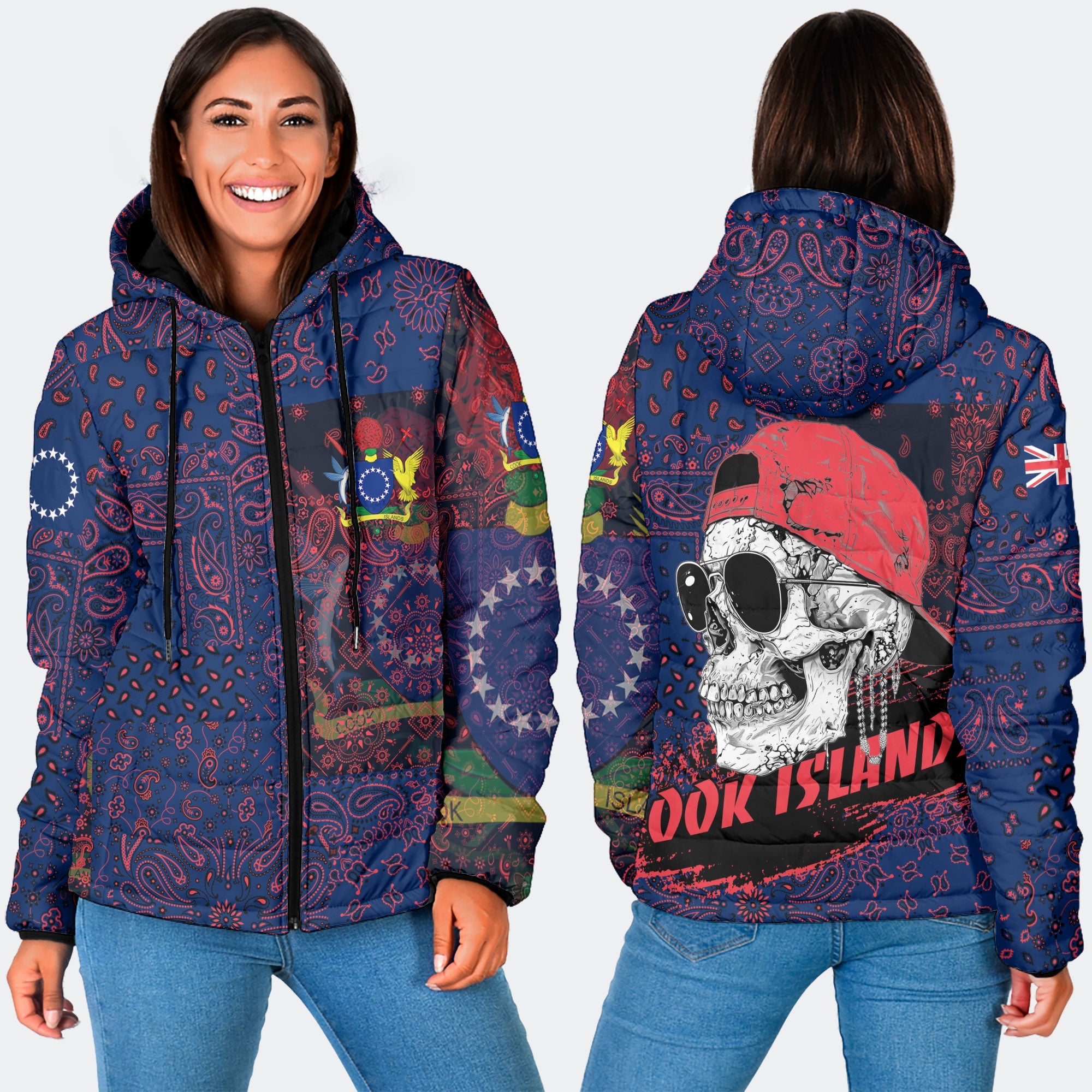 Cook Islands Women Hooded Padded Jacket Paisley Flag And Skull Style 3