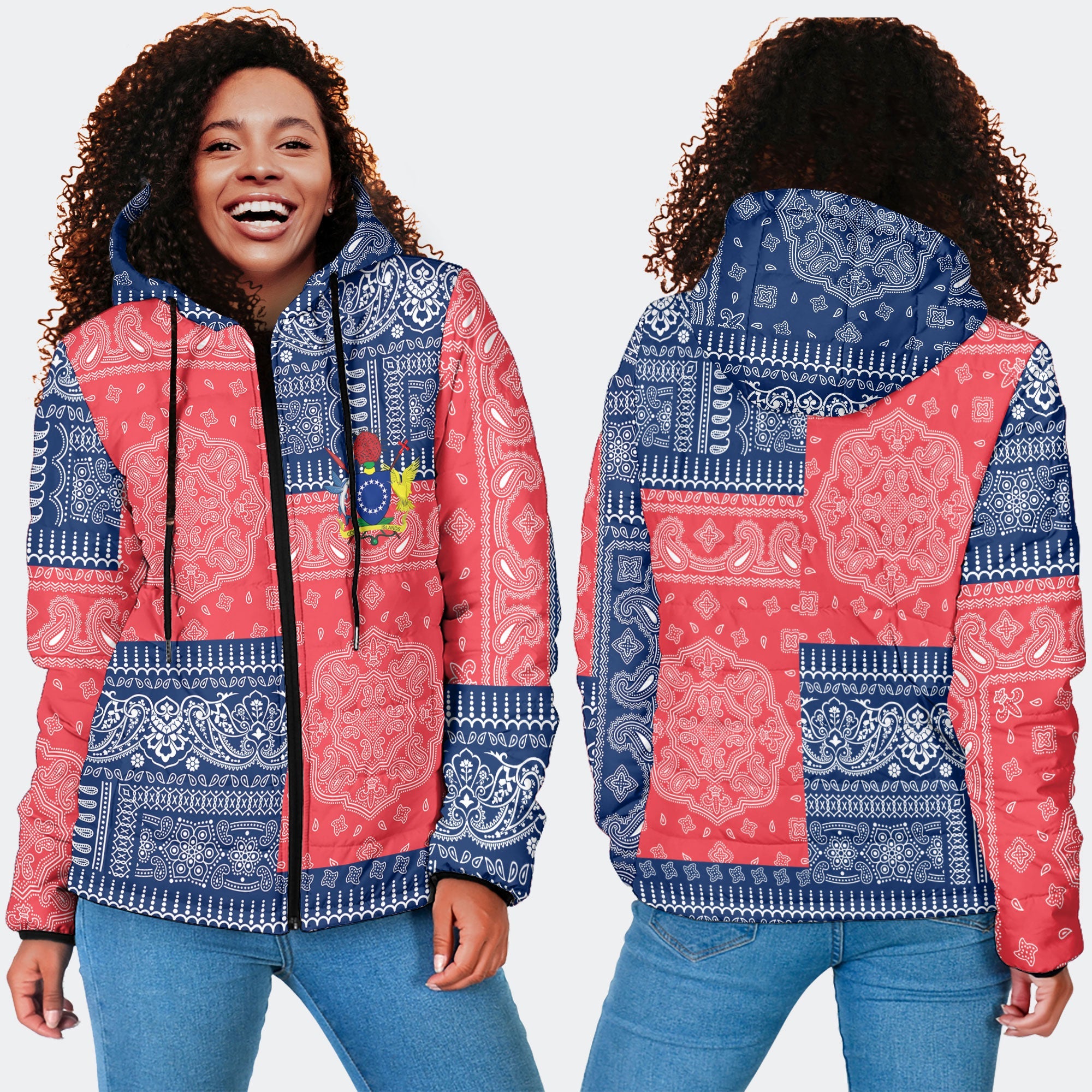 Cook Islands Women Hooded Padded Jacket Flag And Paisley Basic Style 4